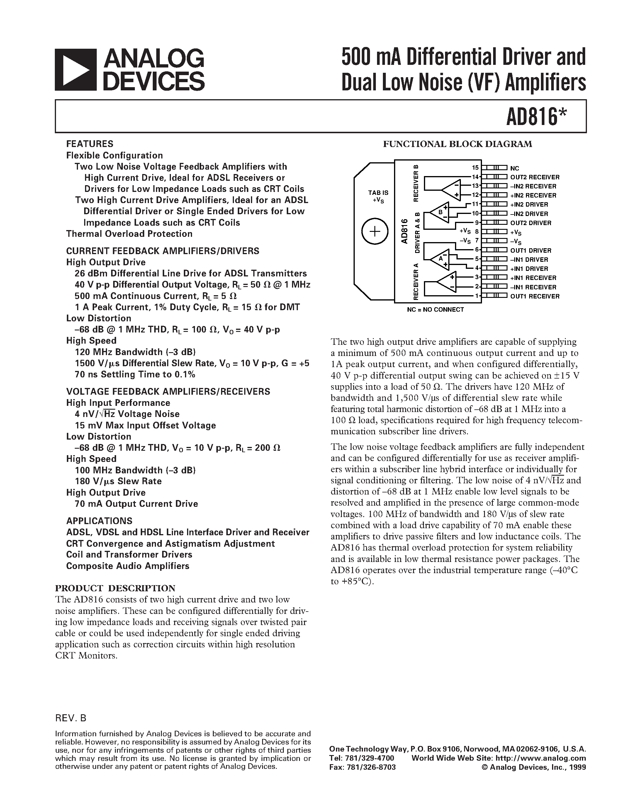 Datasheet AD816AVR - 500 mA Differential Driver and Dual Low Noise VF Amplifiers page 1