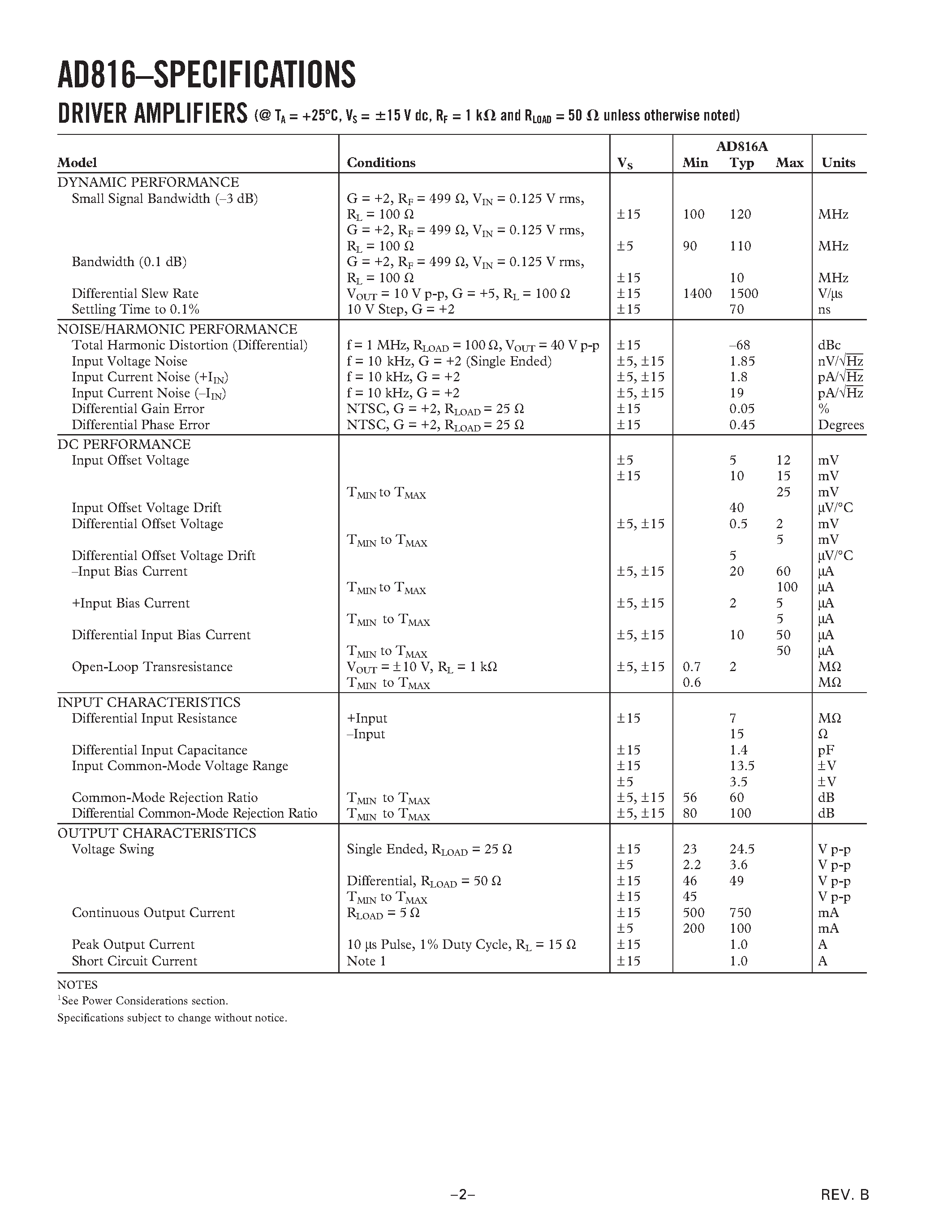 Datasheet AD816AYS - 500 mA Differential Driver and Dual Low Noise VF Amplifiers page 2