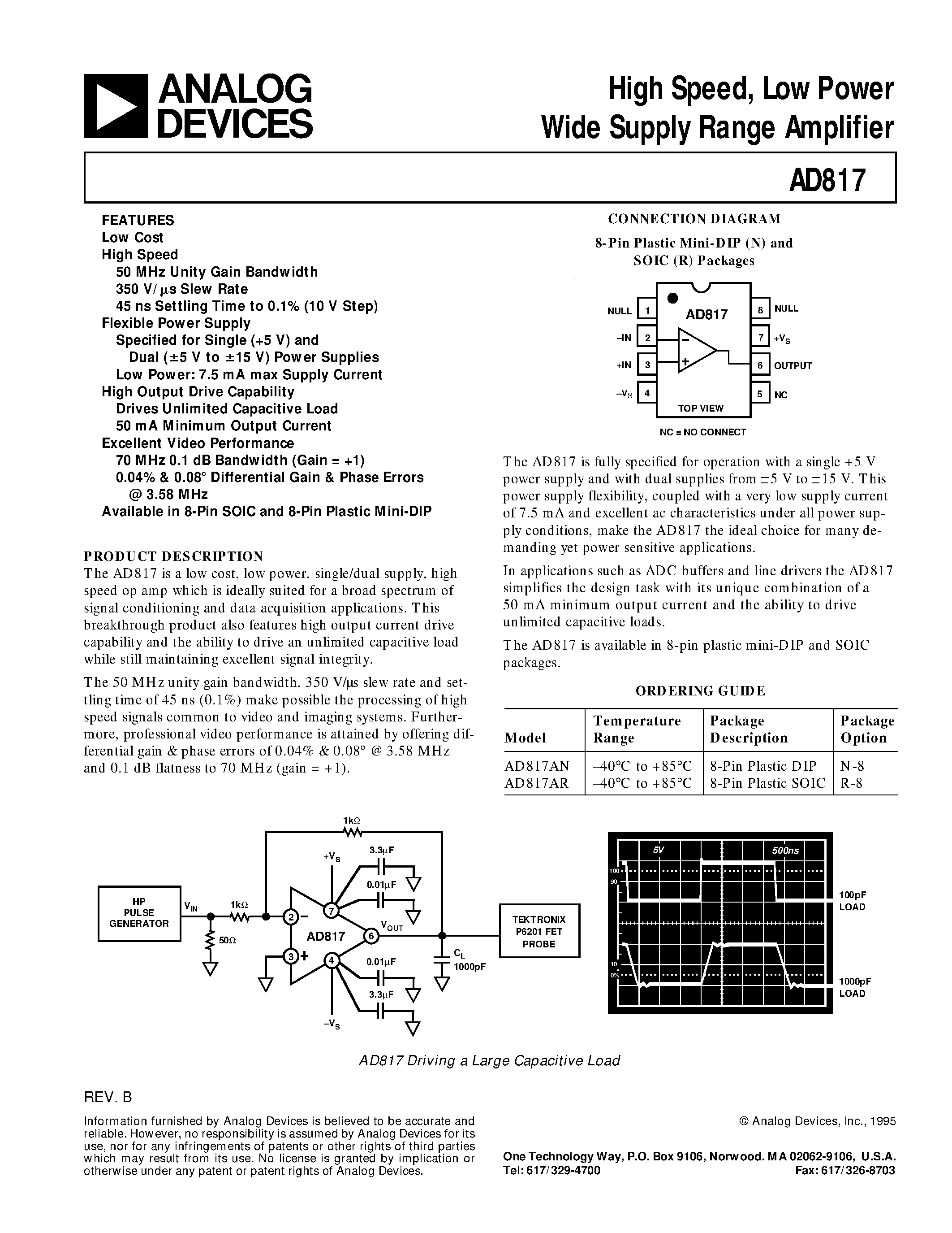 Datasheet AD817AN - High Speed/ Low Power Wide Supply Range Amplifier page 1