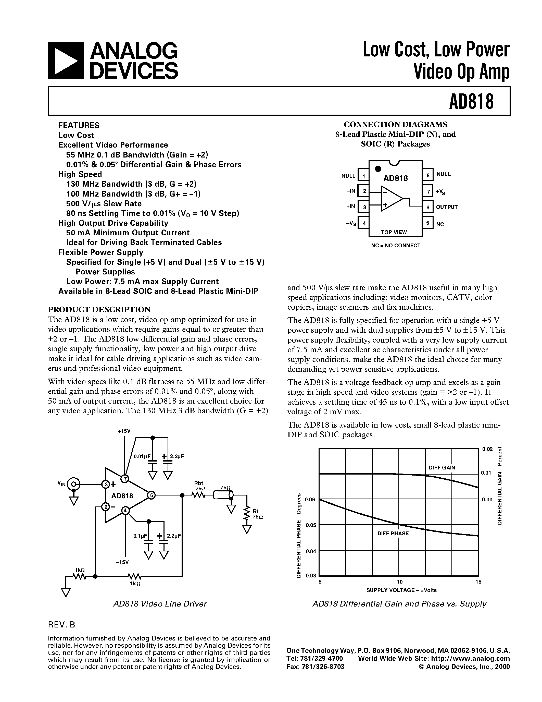 Datasheet AD818 - Low Cost/ Low Power Video Op Amp page 1