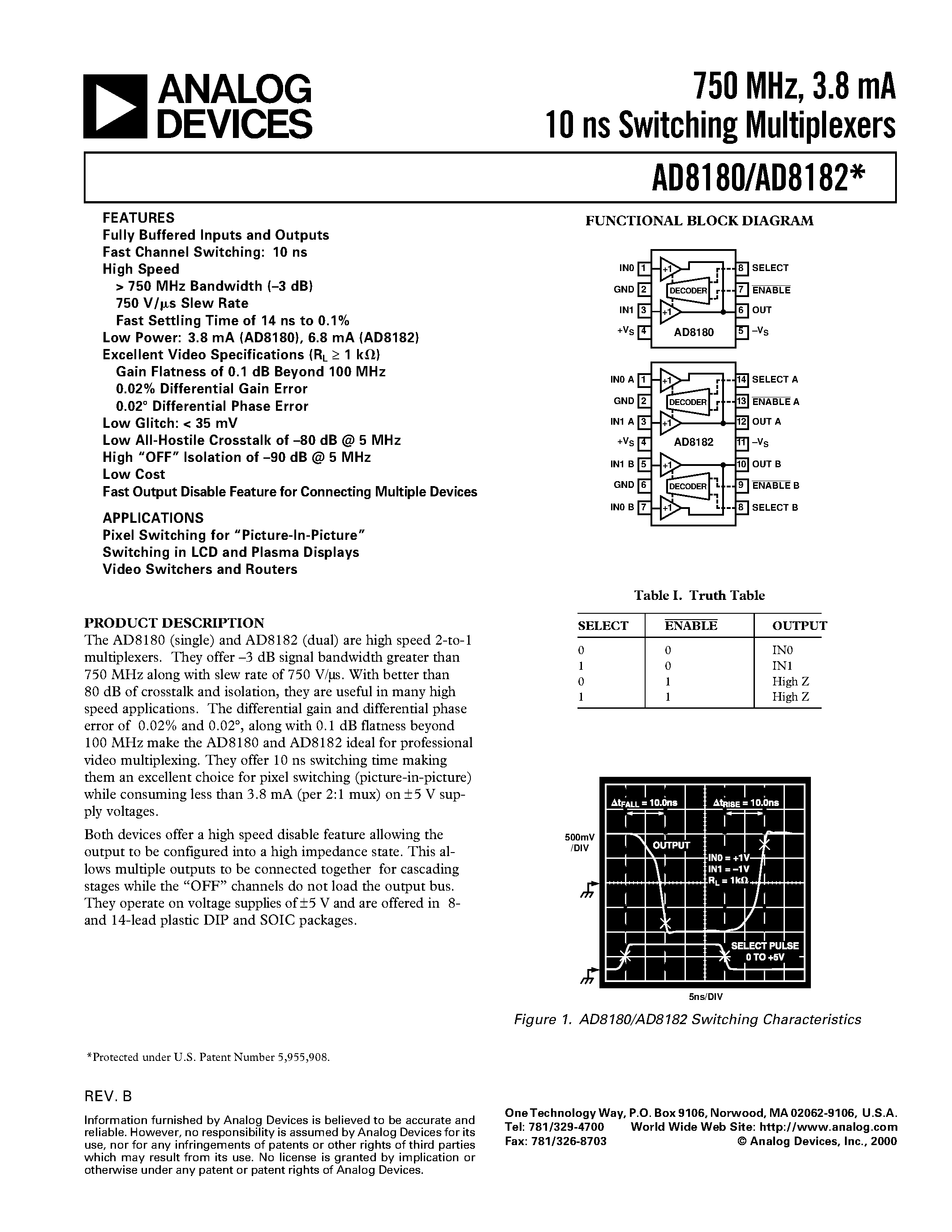 Datasheet AD8180-EB - 750 MHz/ 3.8 mA 10 ns Switching Multiplexers page 1