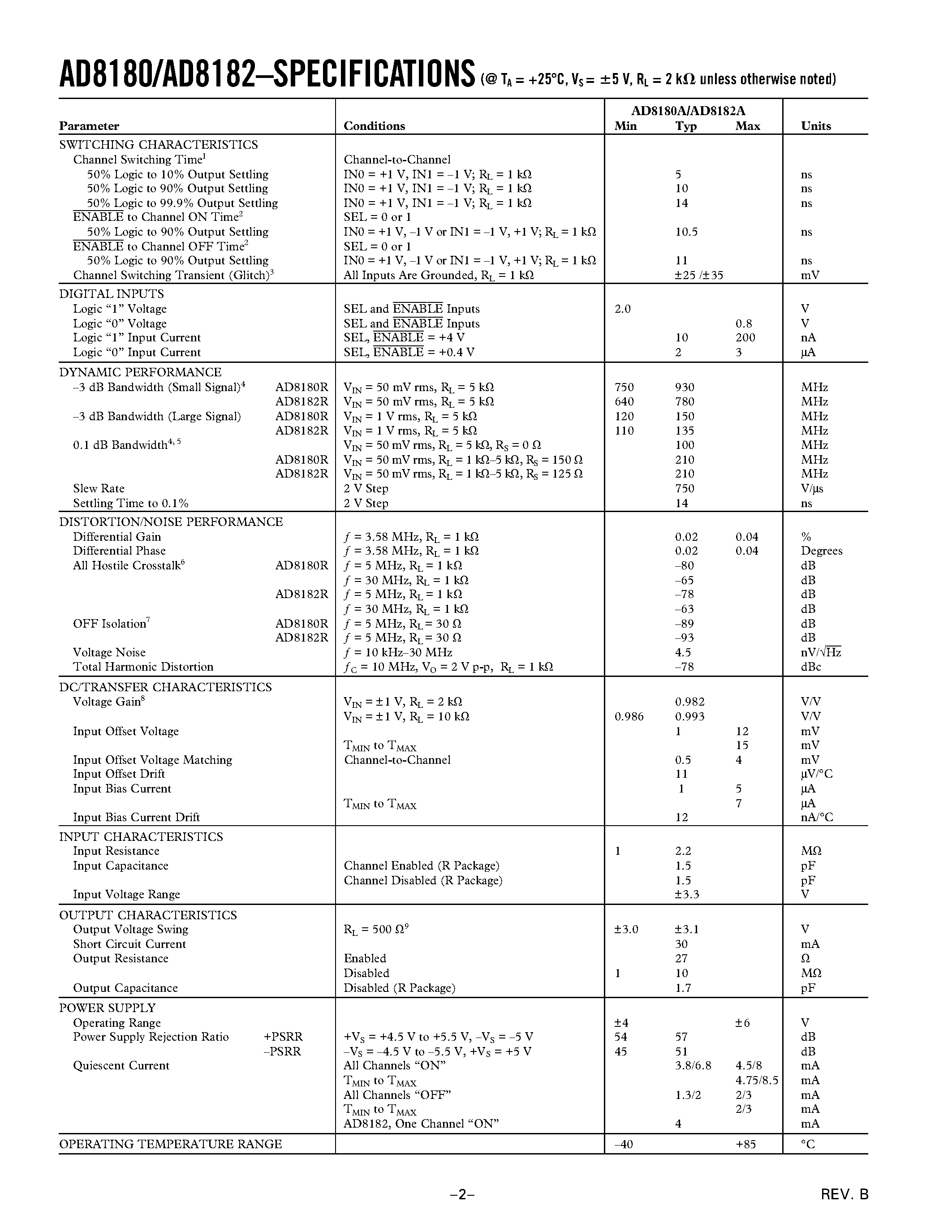 Datasheet AD8182AR - 750 MHz/ 3.8 mA 10 ns Switching Multiplexers page 2
