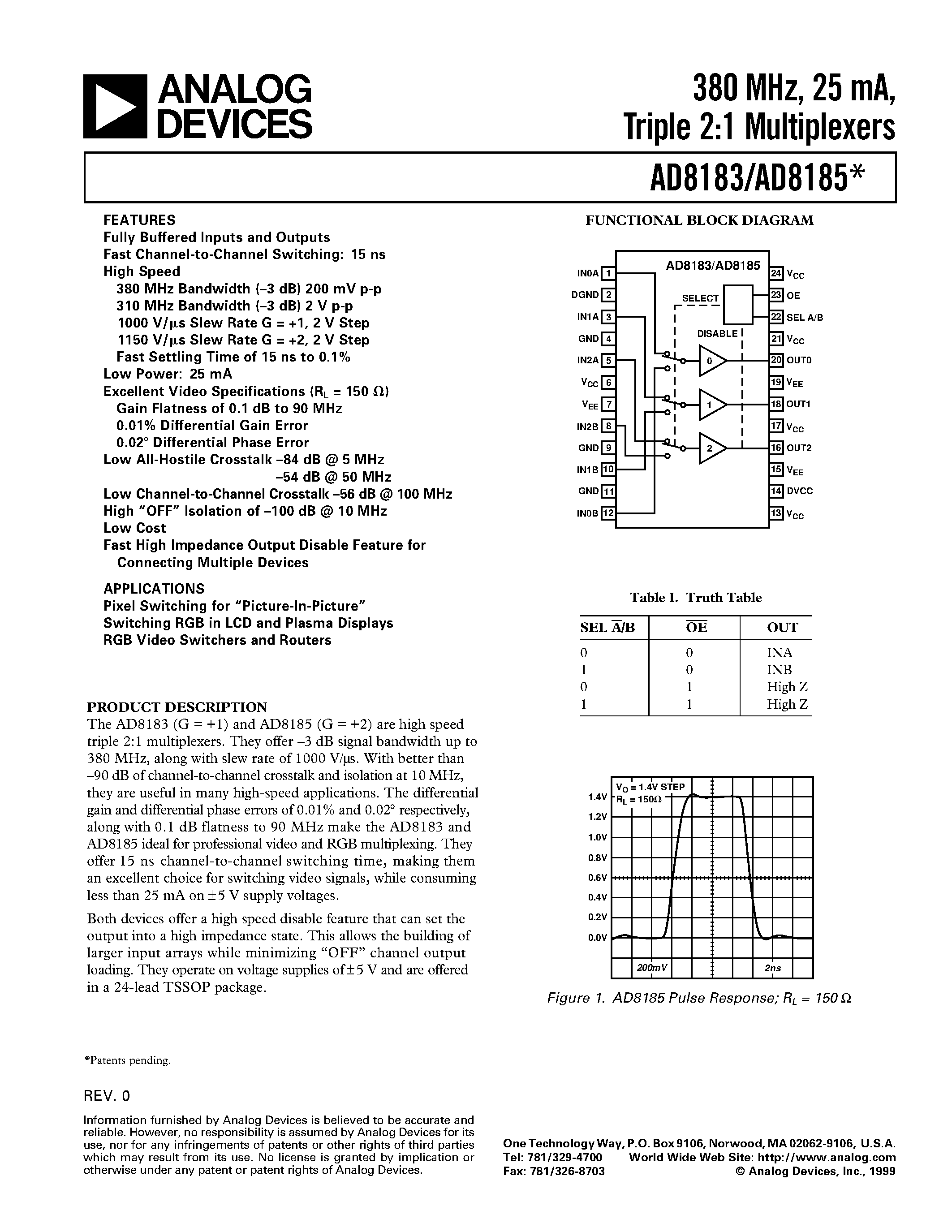 Datasheet AD8183 - 380 MHz/ 25 mA/ Triple 2:1 Multiplexers page 1