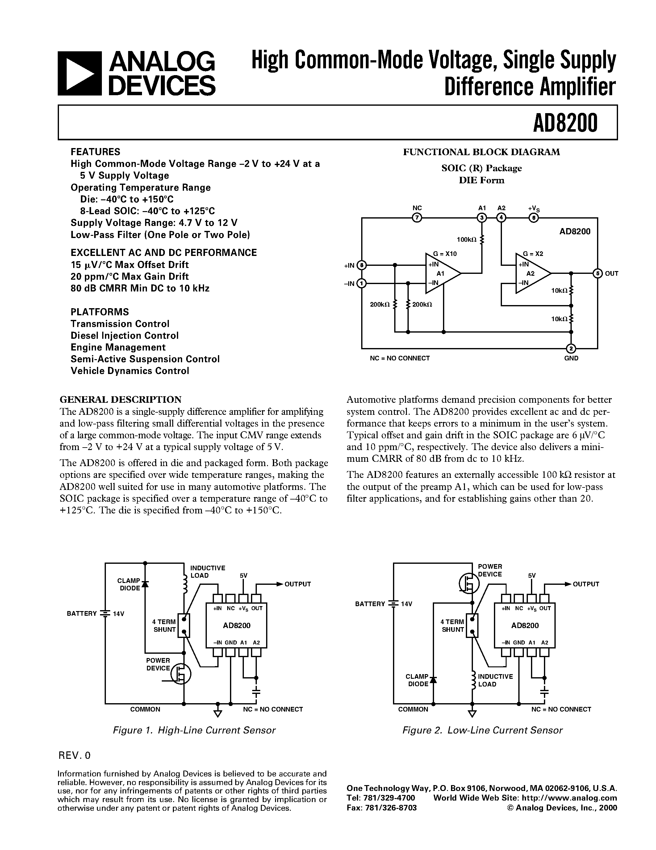 Datasheet AD8200 - High Common-Mode Voltage/ Single Supply Difference Amplifier page 1