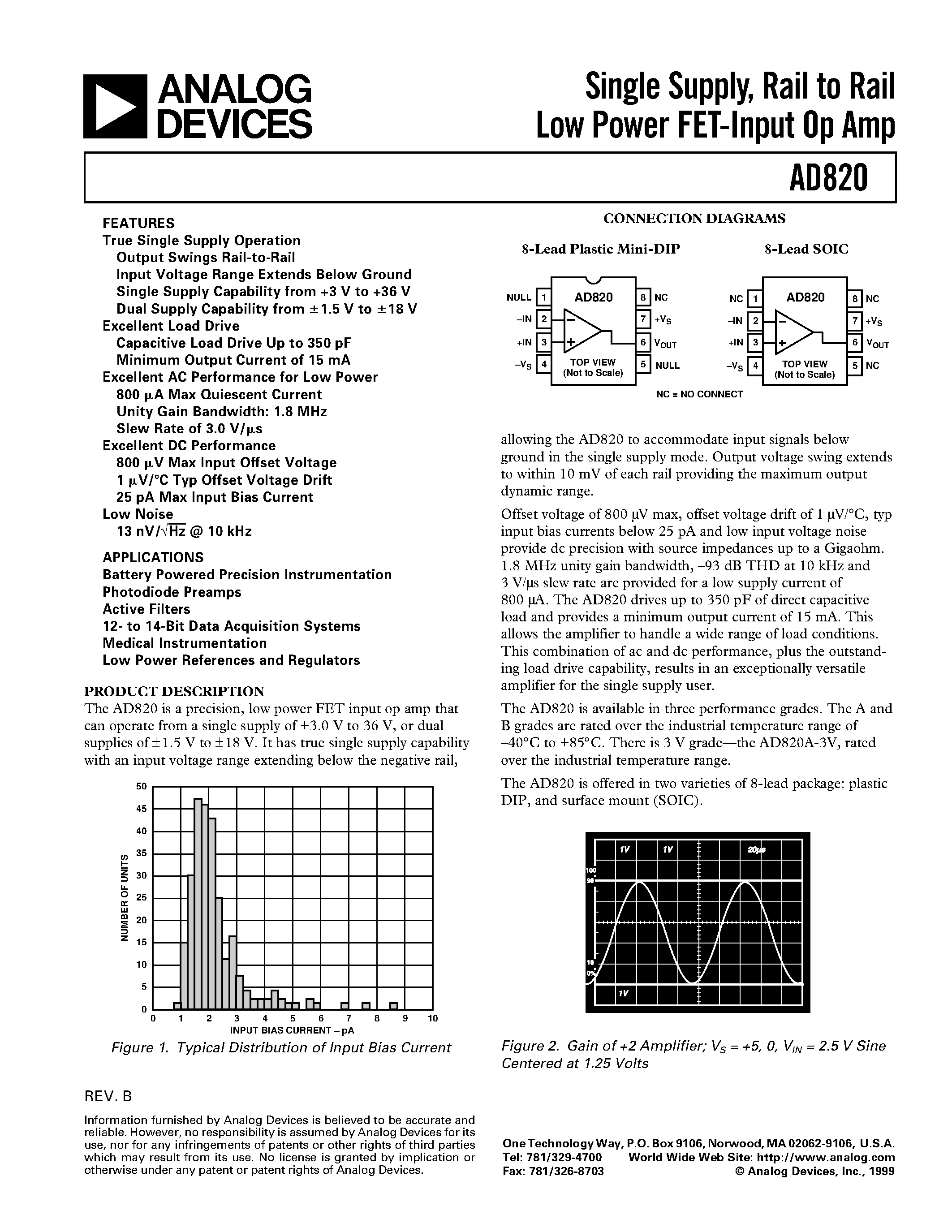 Datasheet AD820AN-3V - Single Supply/ Rail to Rail Low Power FET-Input Op Amp page 1