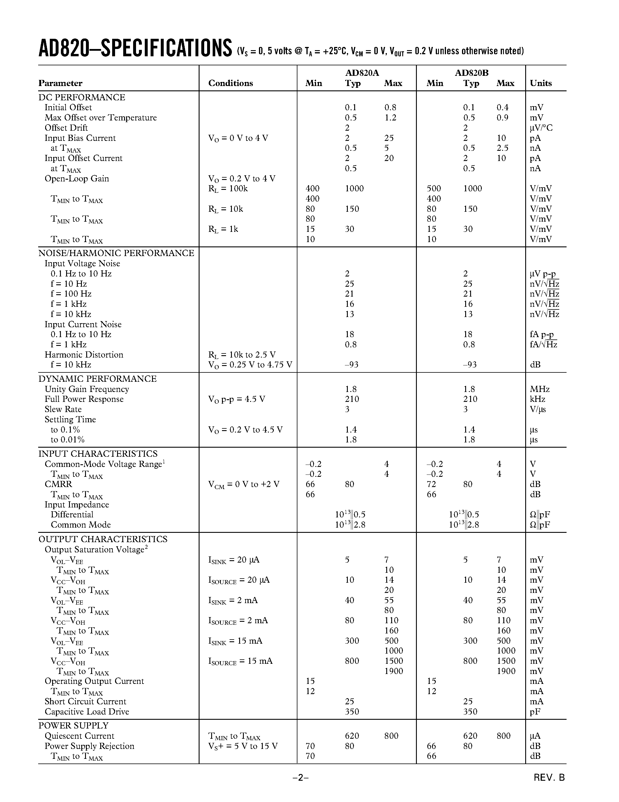 Datasheet AD820AR-3V - Single Supply/ Rail to Rail Low Power FET-Input Op Amp page 2