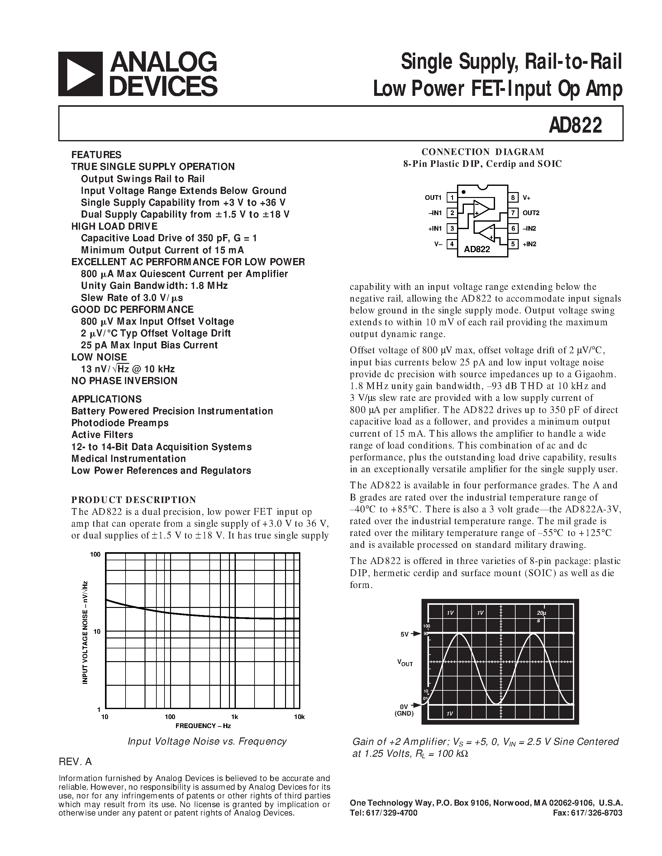Datasheet AD822AN-3V - Single Supply/ Rail-to-Rail Low Power FET-Input Op Amp page 1