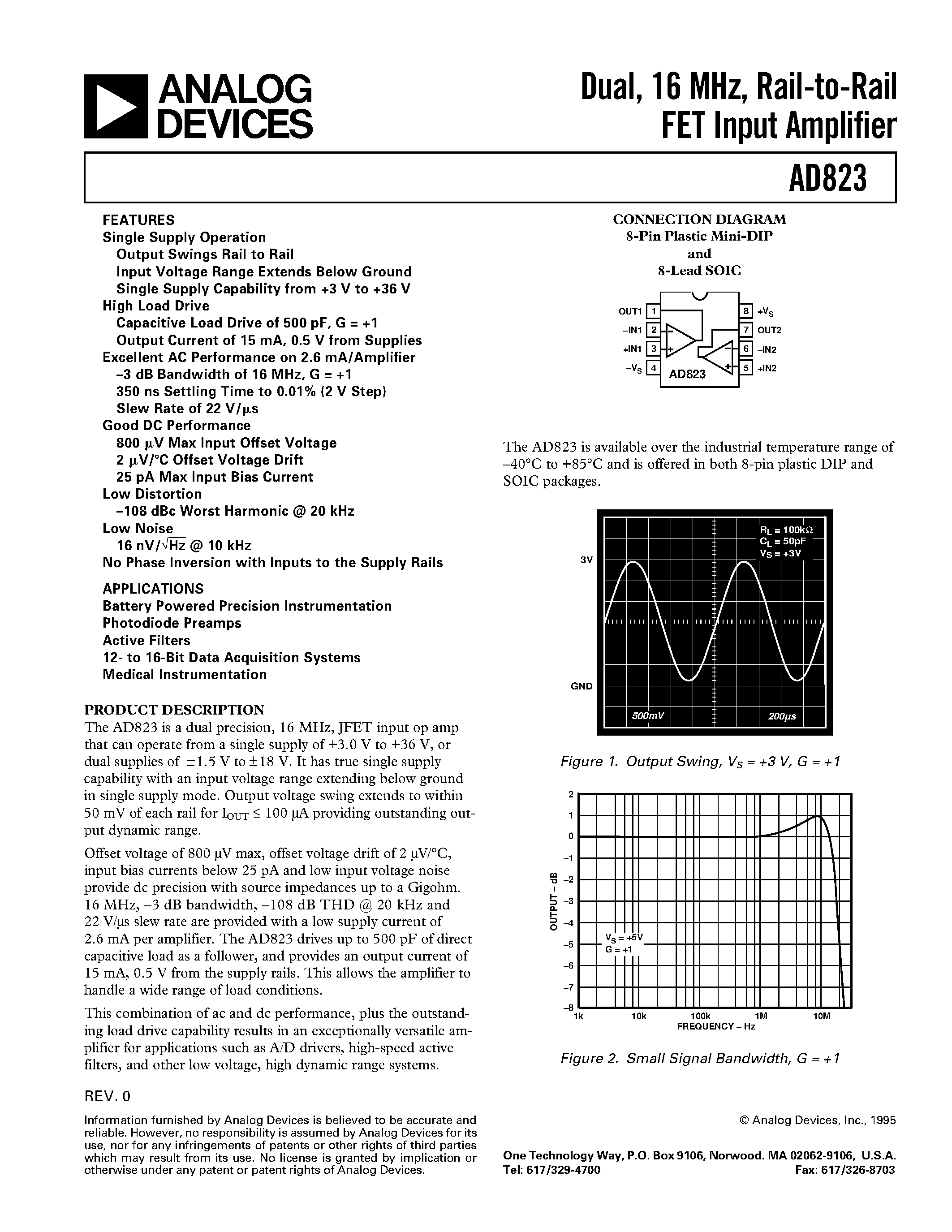 Datasheet AD823AN - Dual/ 16 MHz/ Rail-to-Rail FET Input Amplifier page 1