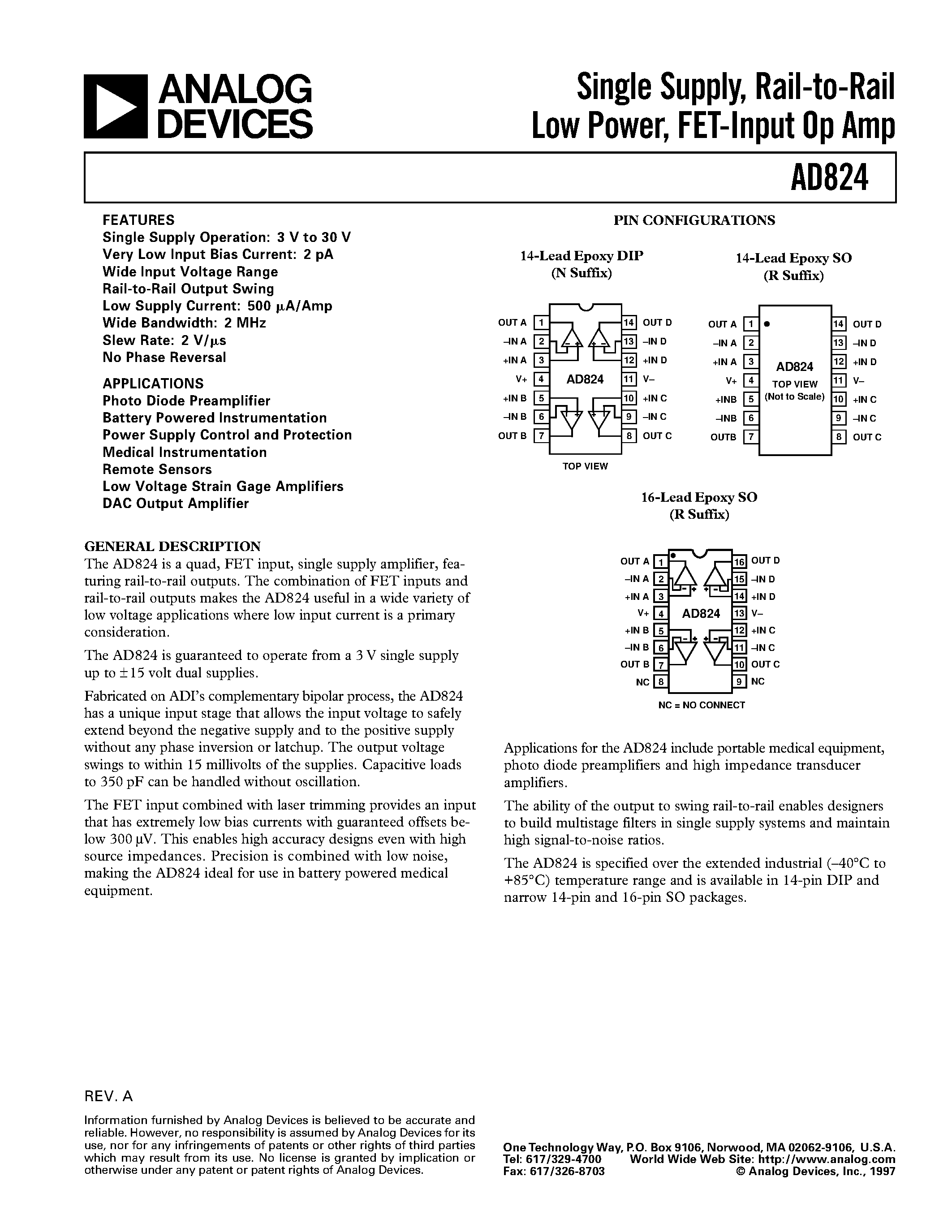 Datasheet AD824AR-14 - Single Supply/ Rail-to-Rail Low Power/ FET-Input Op Amp page 1