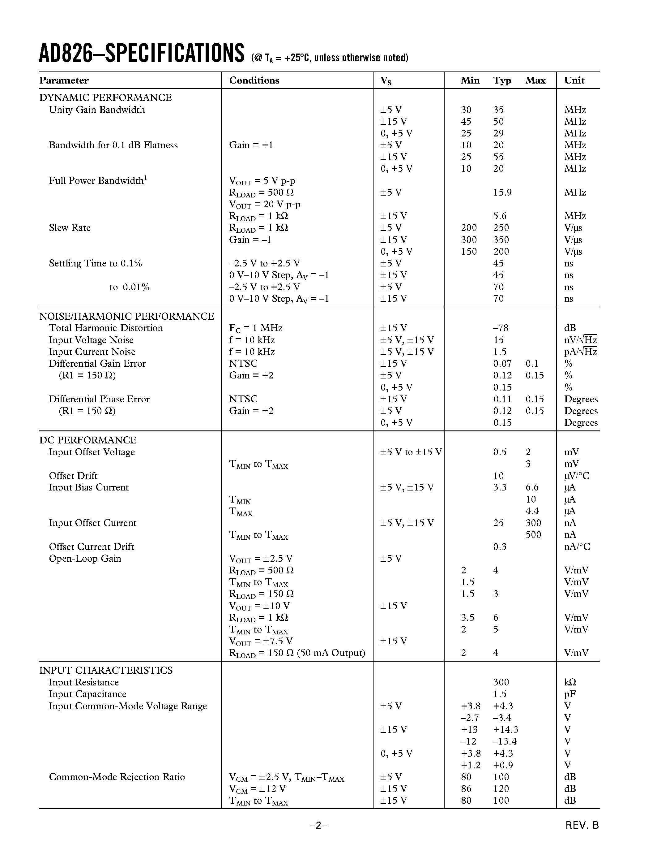 Datasheet AD826AR-REEL - High-Speed/ Low-Power Dual Operational Amplifier page 2