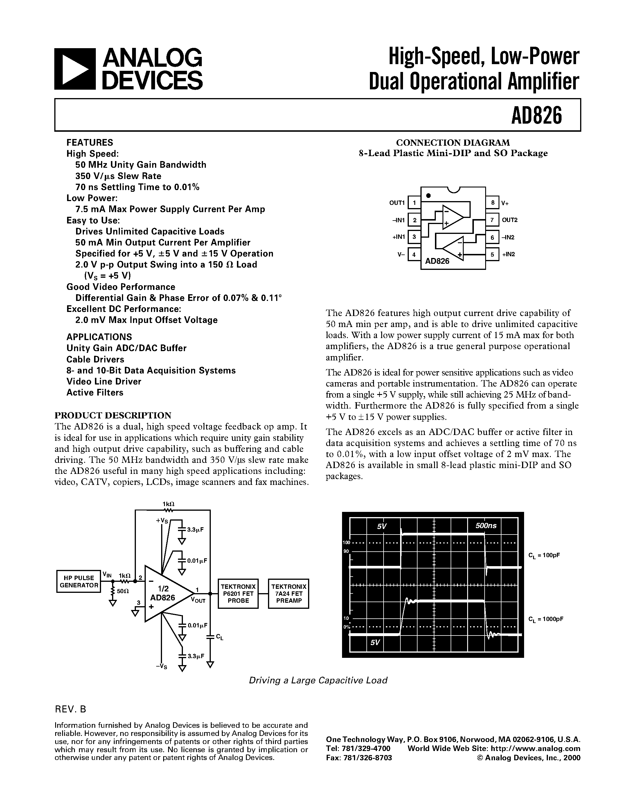 Datasheet AD826AR-REEL7 - High-Speed/ Low-Power Dual Operational Amplifier page 1