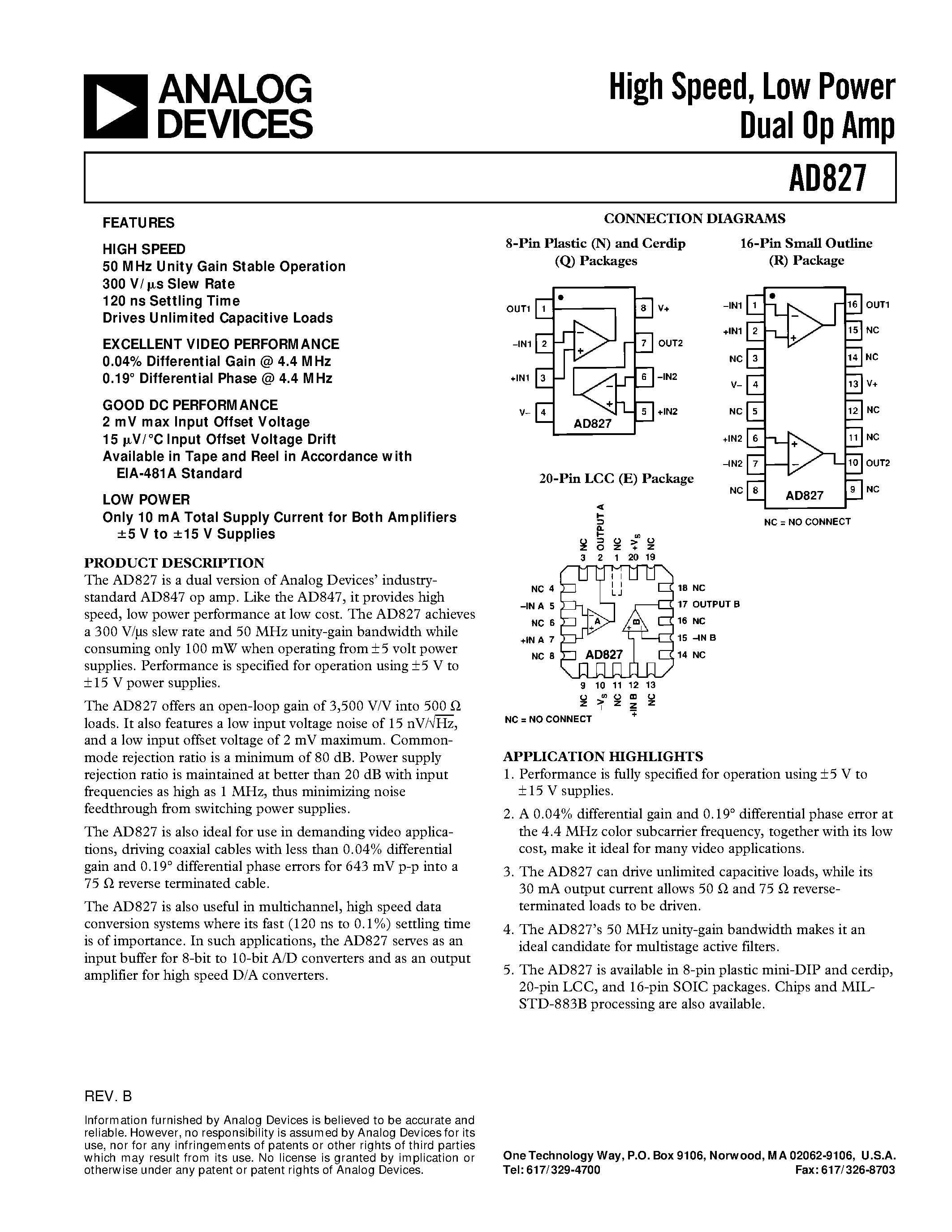 Datasheet AD827AQ page 1 Datasheet AD827AQ - High Speed/ Low Power Dual Op Amp page 1