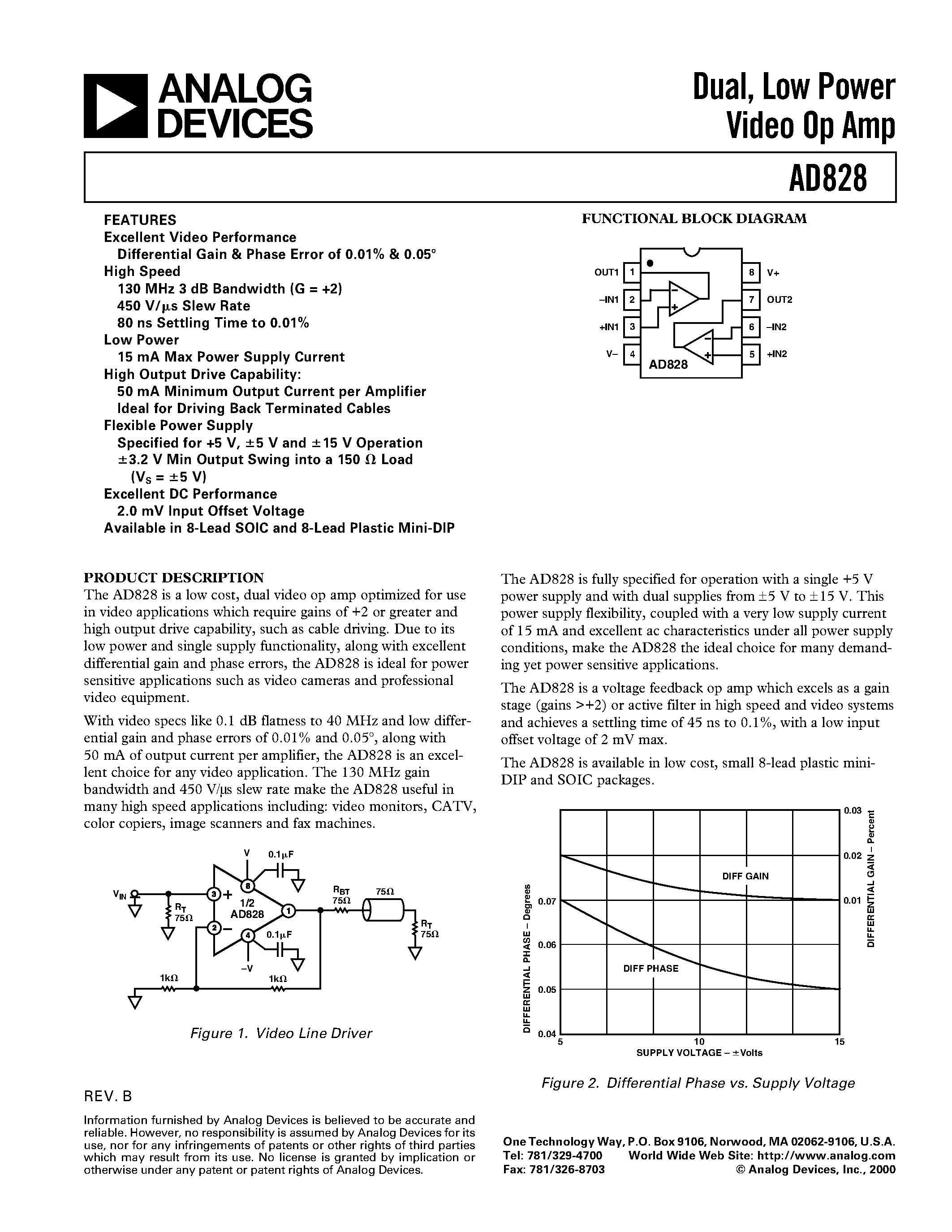 Datasheet AD828AR-REEL7 - Dual/ Low Power Video Op Amp page 1