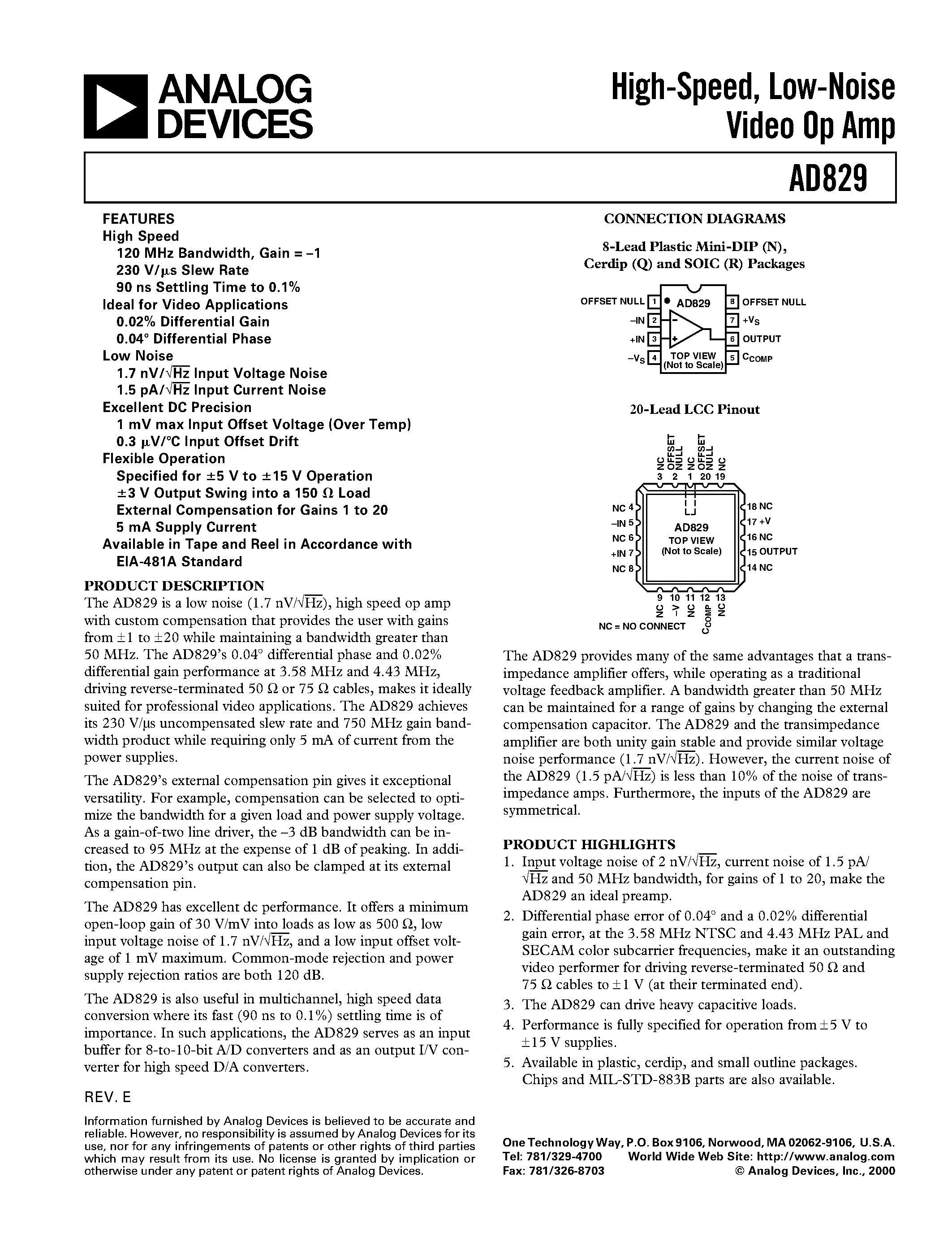 Datasheet AD829SQ/883B - High-Speed/ Low-Noise Video Op Amp page 1