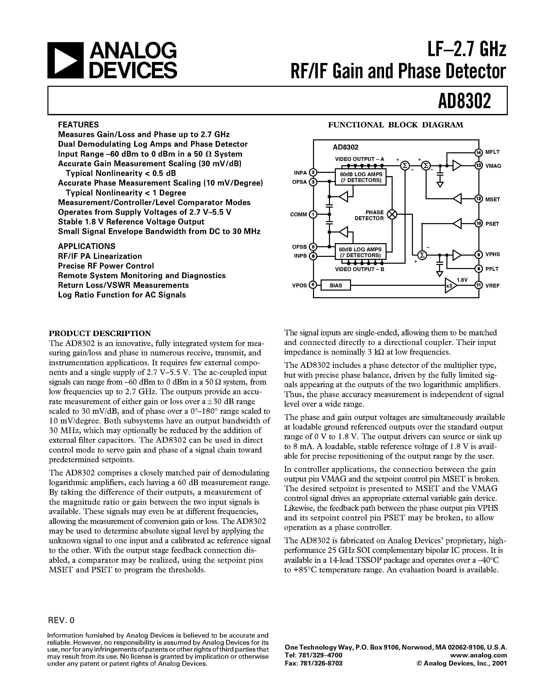 Datasheet AD8302ARU - LF.2.7 GHz RF/IF Gain and Phase Detector page 1