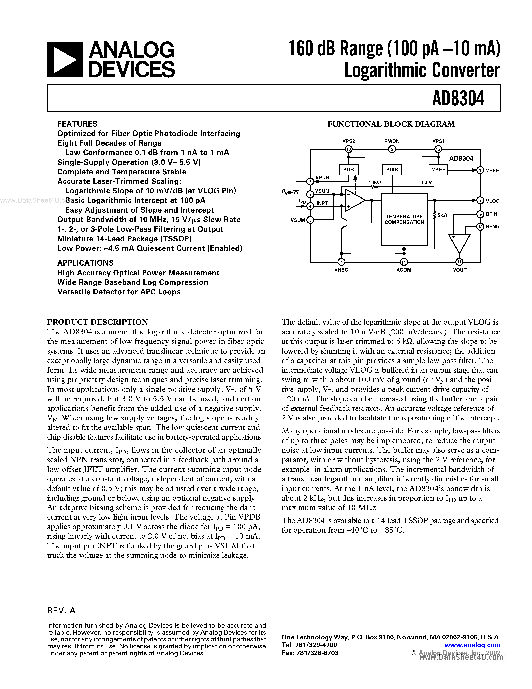 Datasheet AD8304ARU - 160 dB Range (100 pA -10 mA) Logarithmic Converter page 1