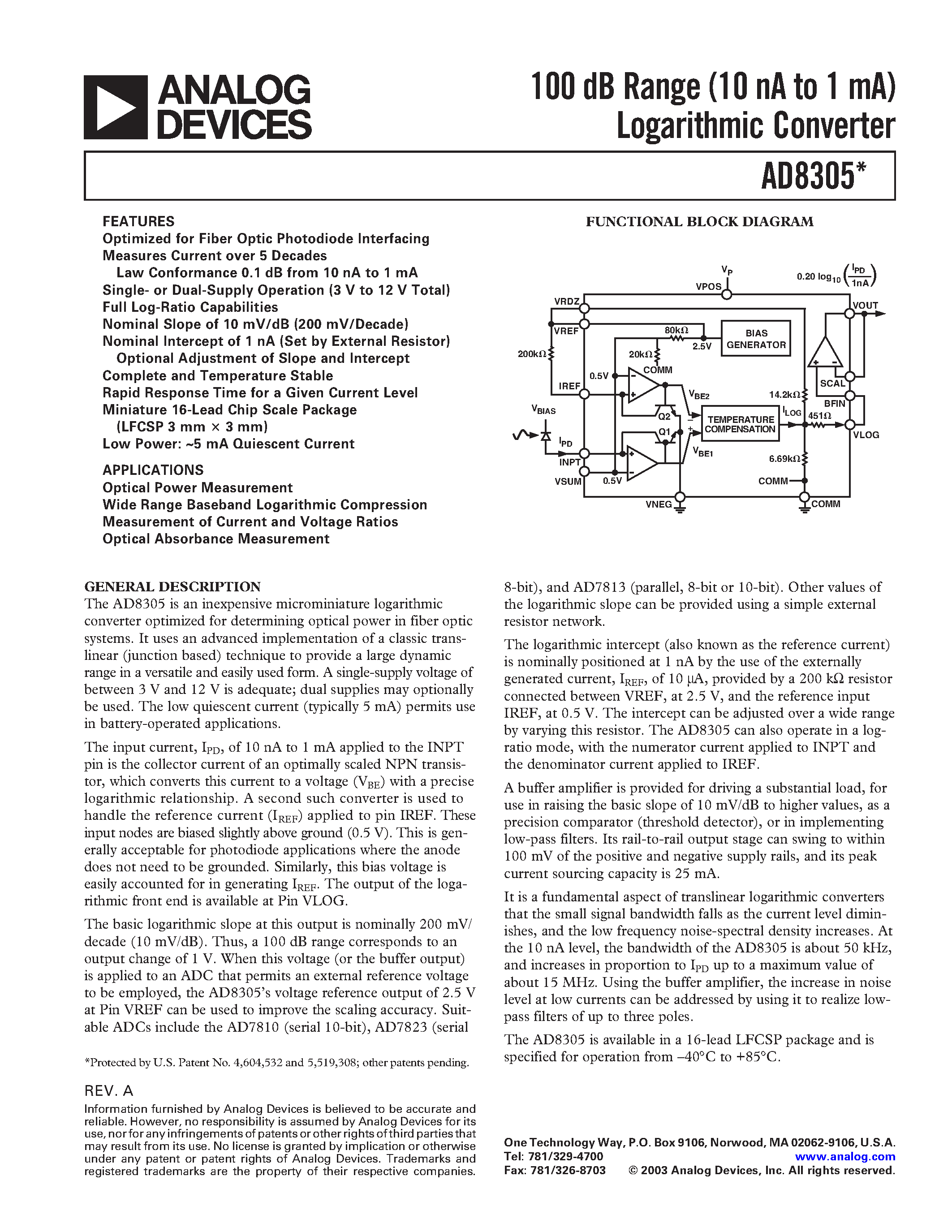 Datasheet AD8305 - 100 dB Range (10 nA to 1 mA) Logarithmic Converter page 1