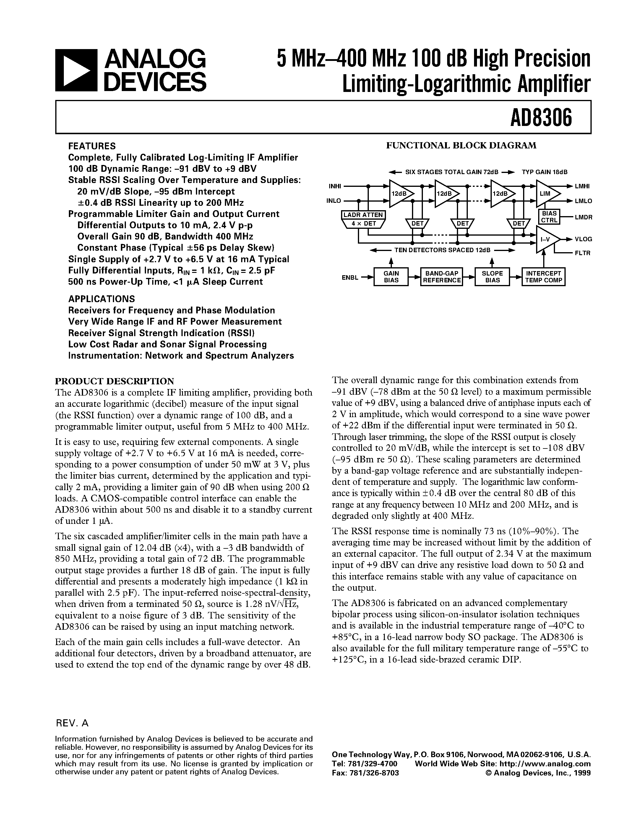Datasheet AD8306-EVAL - 5 MHz-400 MHz 100 dB High Precision Limiting-Logarithmic Amplifier page 1