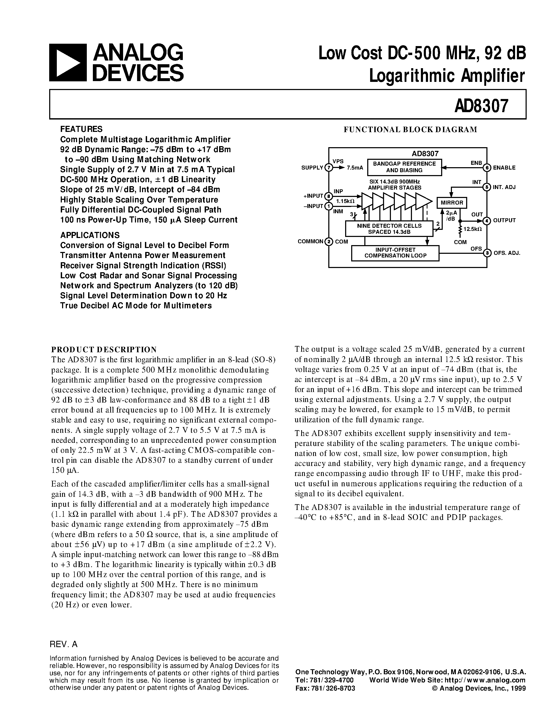 Datasheet AD8307AN - Low Cost DC-500 MHz/ 92 dB Logarithmic Amplifier page 1