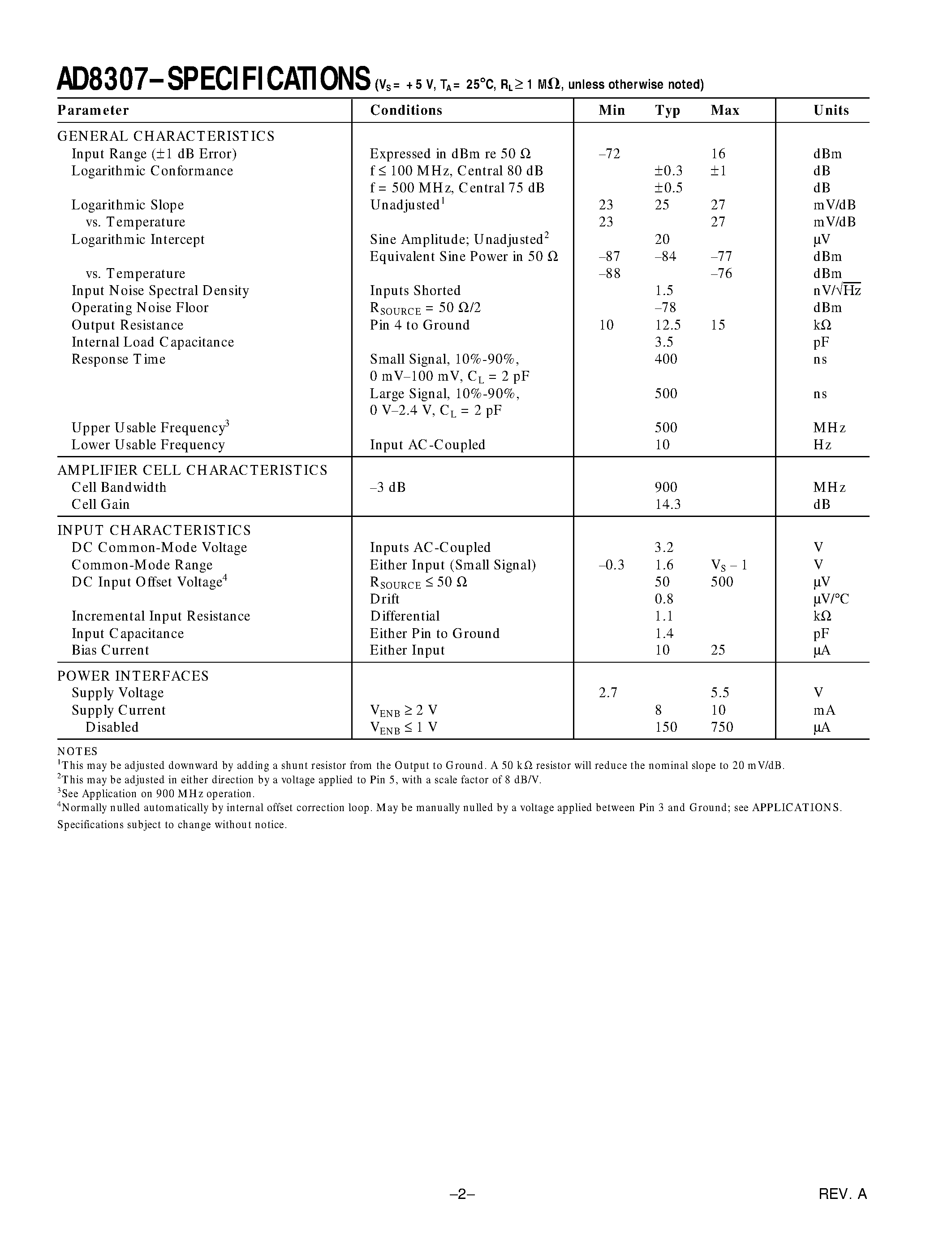 Datasheet AD8307AR-REEL - Low Cost DC-500 MHz/ 92 dB Logarithmic Amplifier page 2