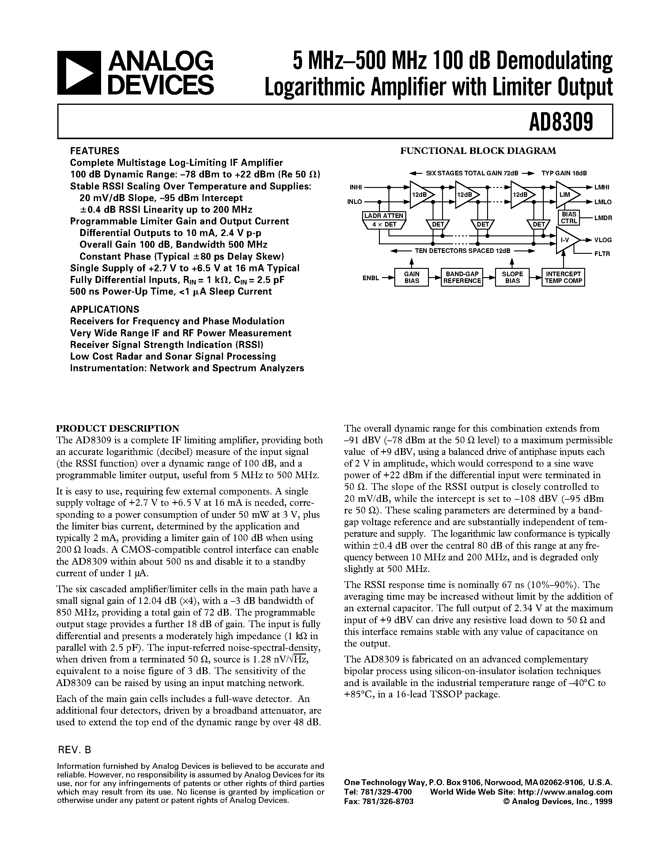 Datasheet AD8309ARU-REEL - 5 MHz.500 MHz 100 dB Demodulating Logarithmic Amplifier with Limiter Output page 1