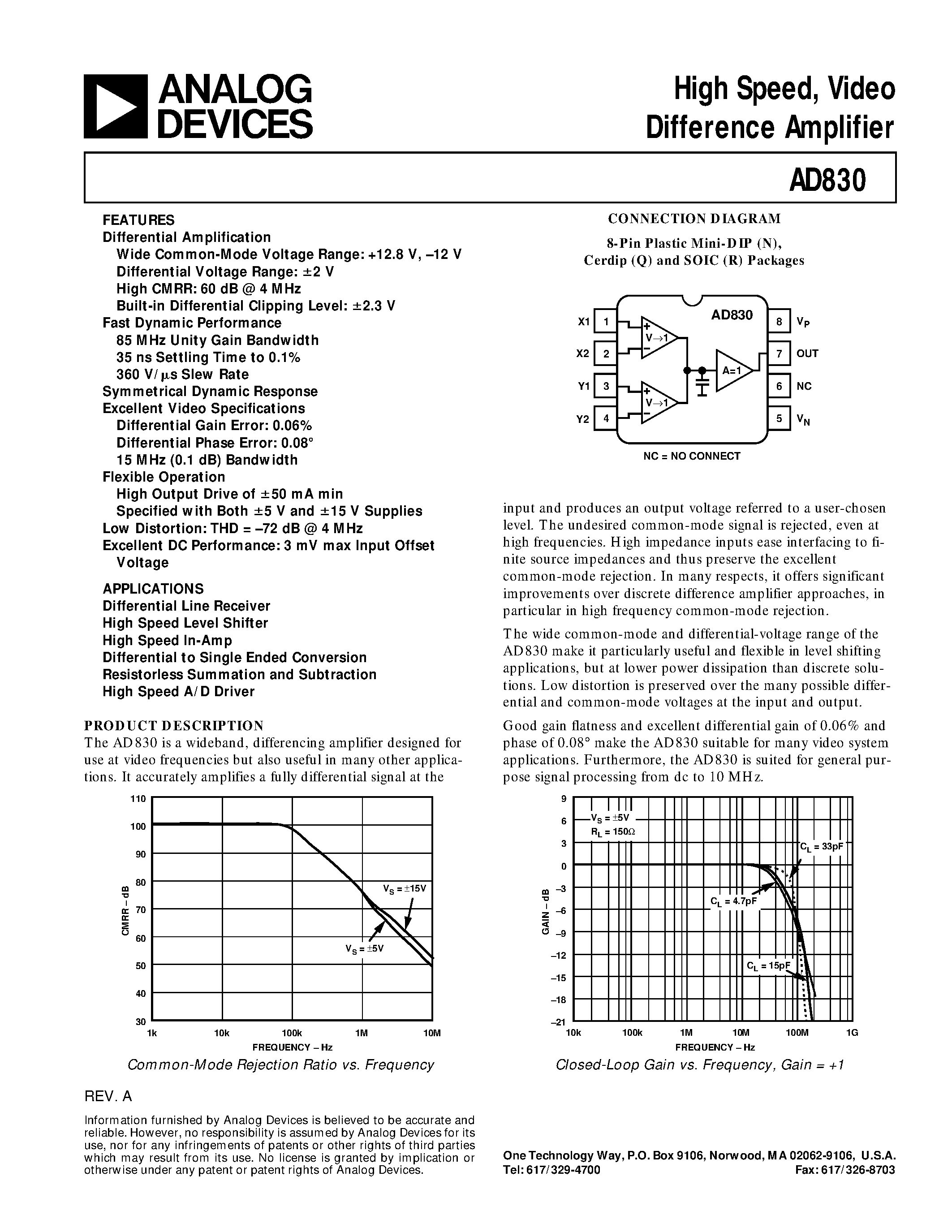 Datasheet AD830JR - High Speed/ Video Difference Amplifier page 1