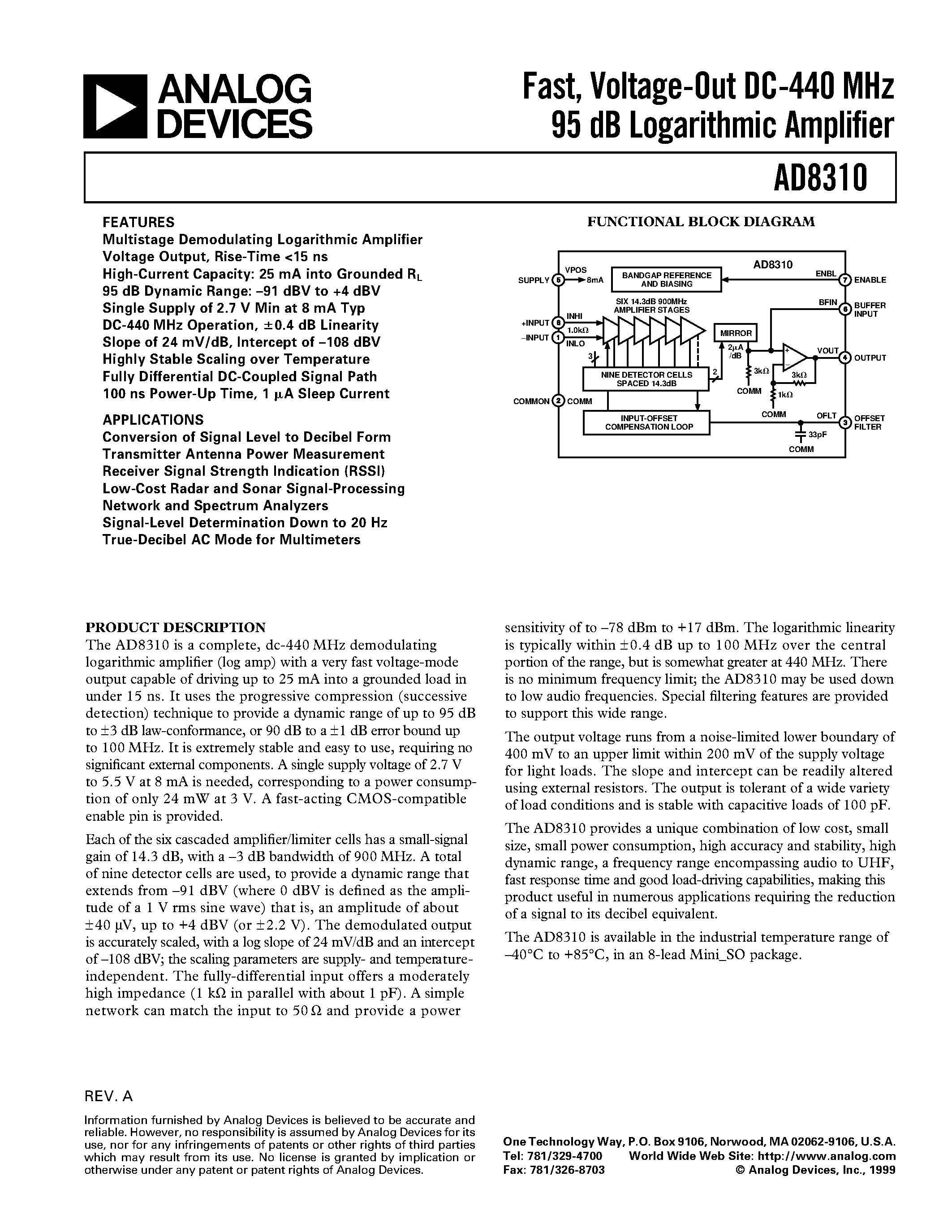 Datasheet AD8310ARM-REEL - Fast/ Voltage-Out DC-440 MHz 95 dB Logarithmic Amplifier page 1