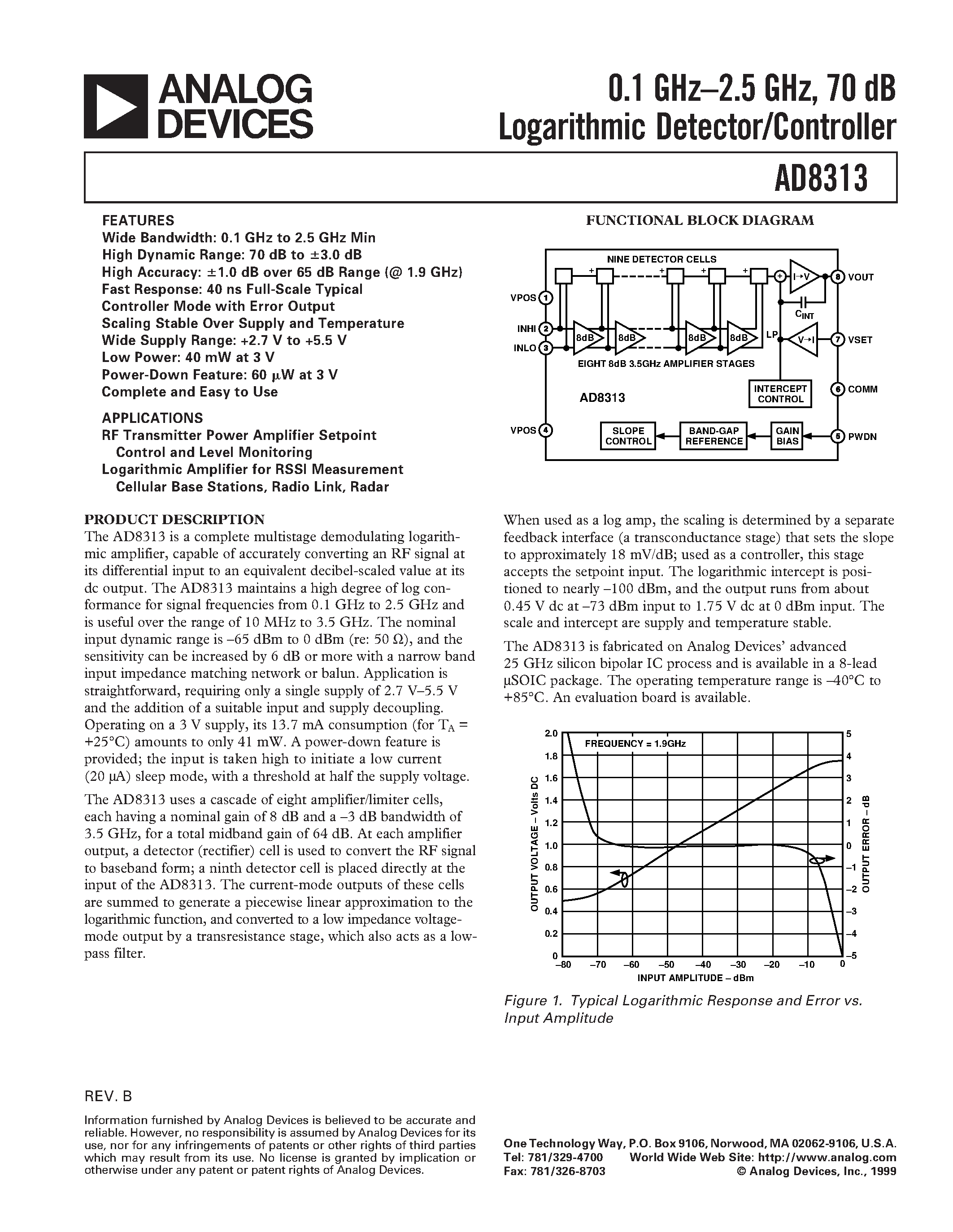 Datasheet AD8313ARM-REEL7 - 0.1 GHz-2.5 GHz/ 70 dB Logarithmic Detector/Controller page 1