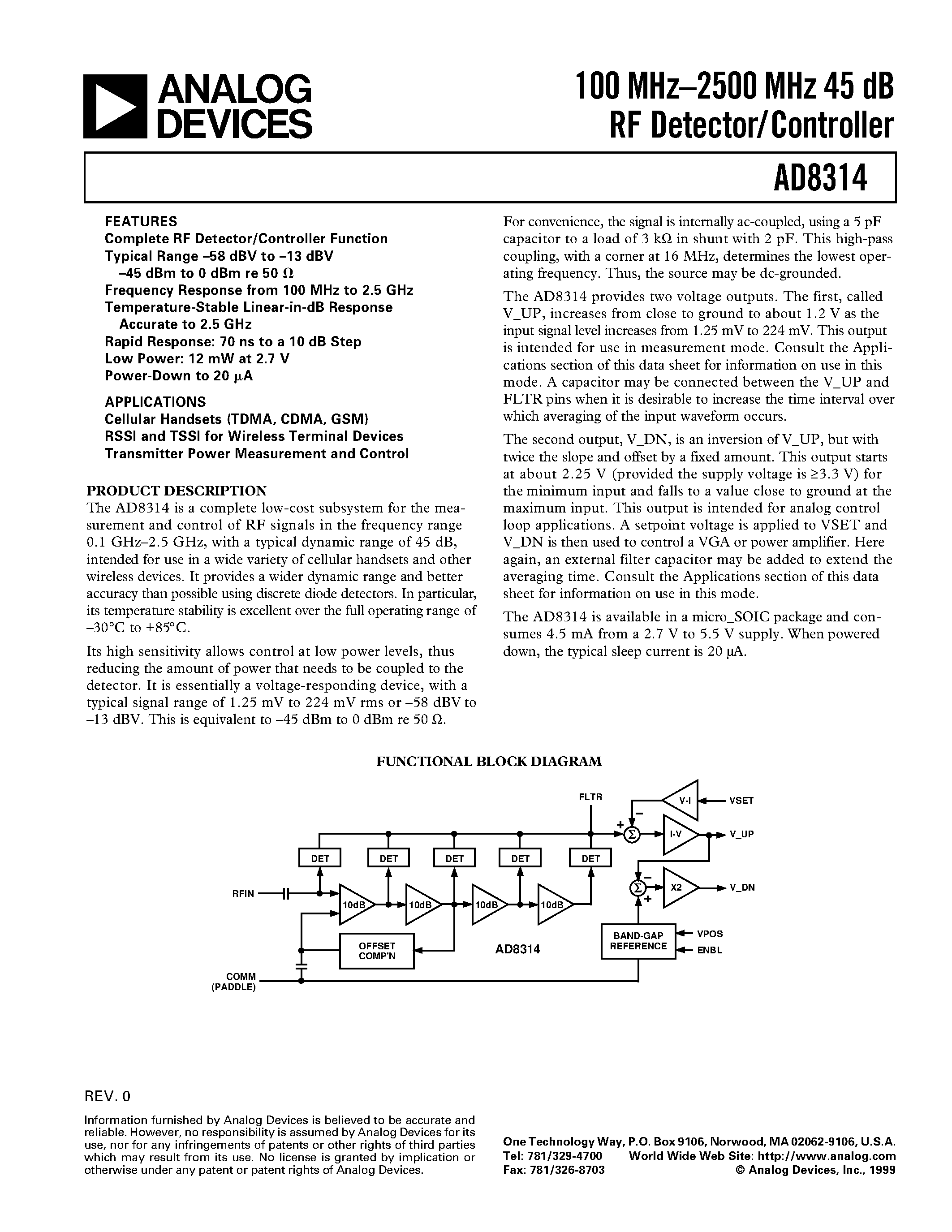 Datasheet AD8314ARM - 100 MHz-2500 MHz 45 dB RF Detector/Controller page 1