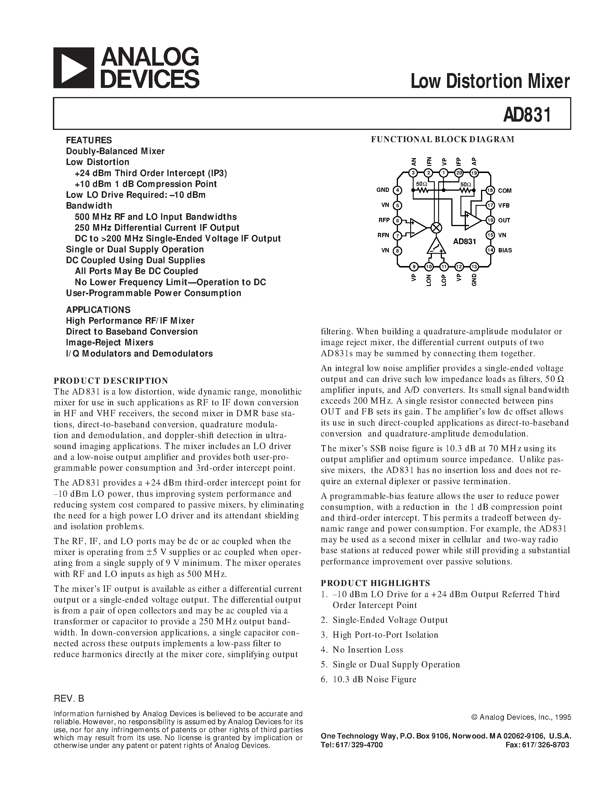 Datasheet AD831AP - Low Distortion Mixer page 1
