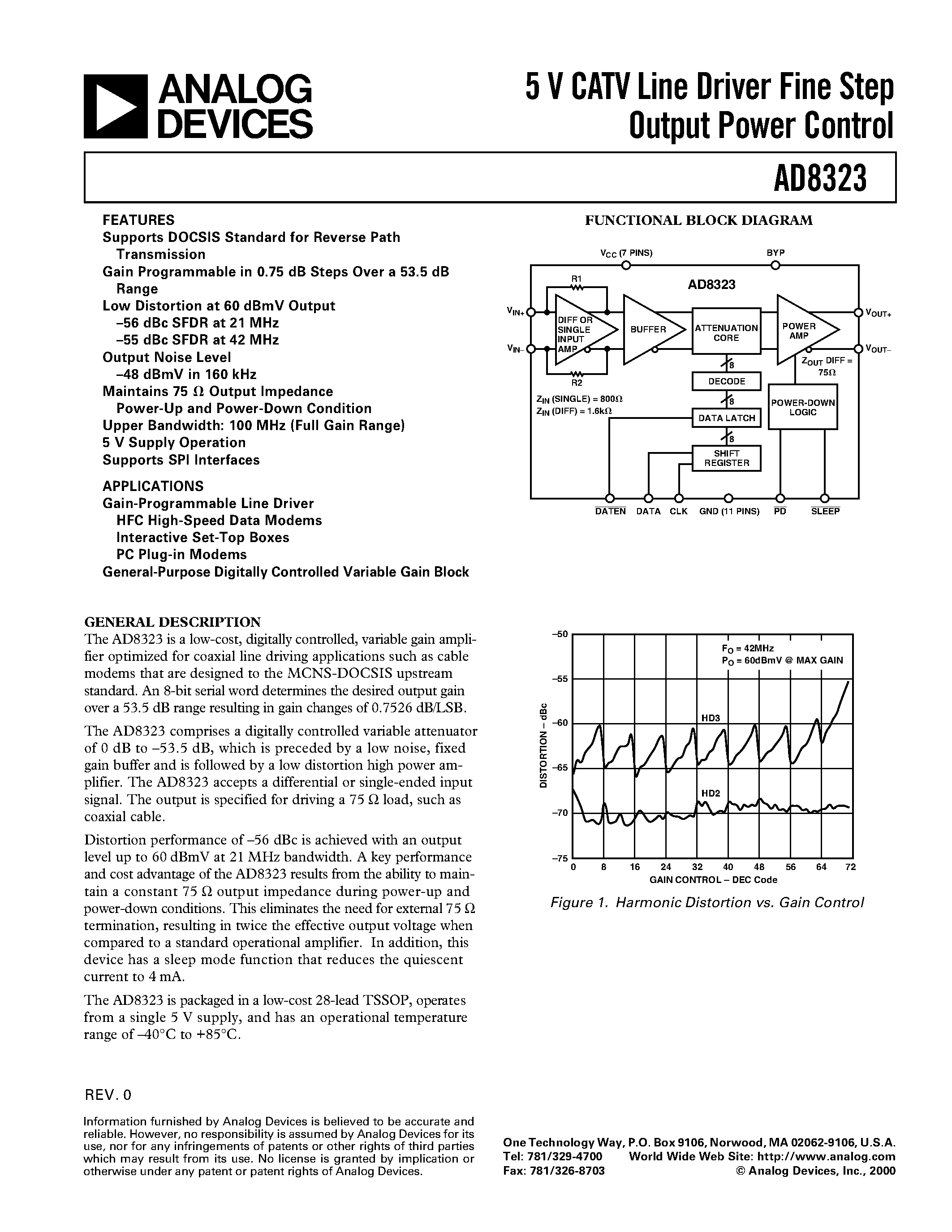 Datasheet AD8323ARU page 1 Datasheet AD8323ARU - 5 V CATV Line Driver Fine Step Output Power Control page 1