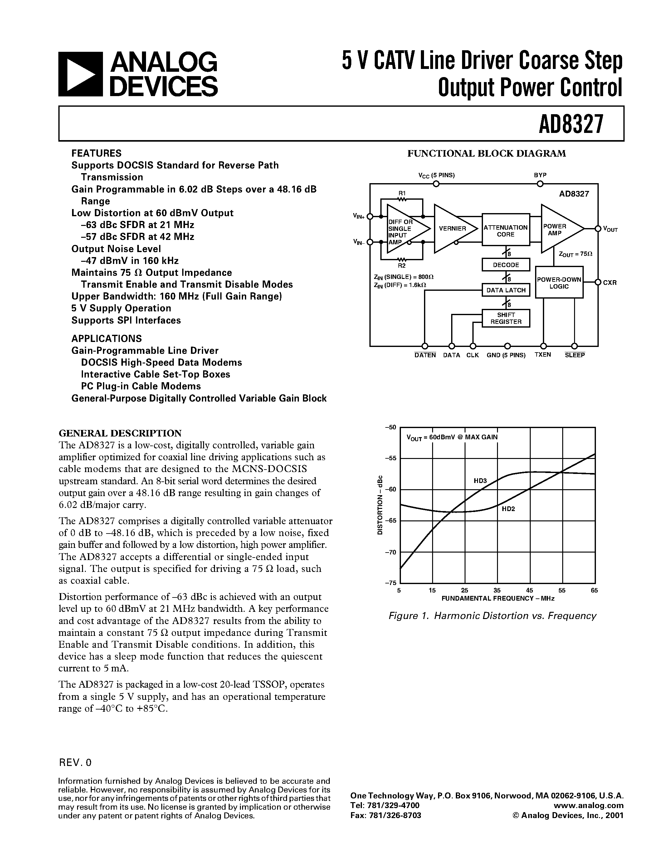 Даташит на микросхему AD8327 страница 1 Даташит AD8327 - 5 V CATV Line Driver Coarse Step Output Power Control страница 1