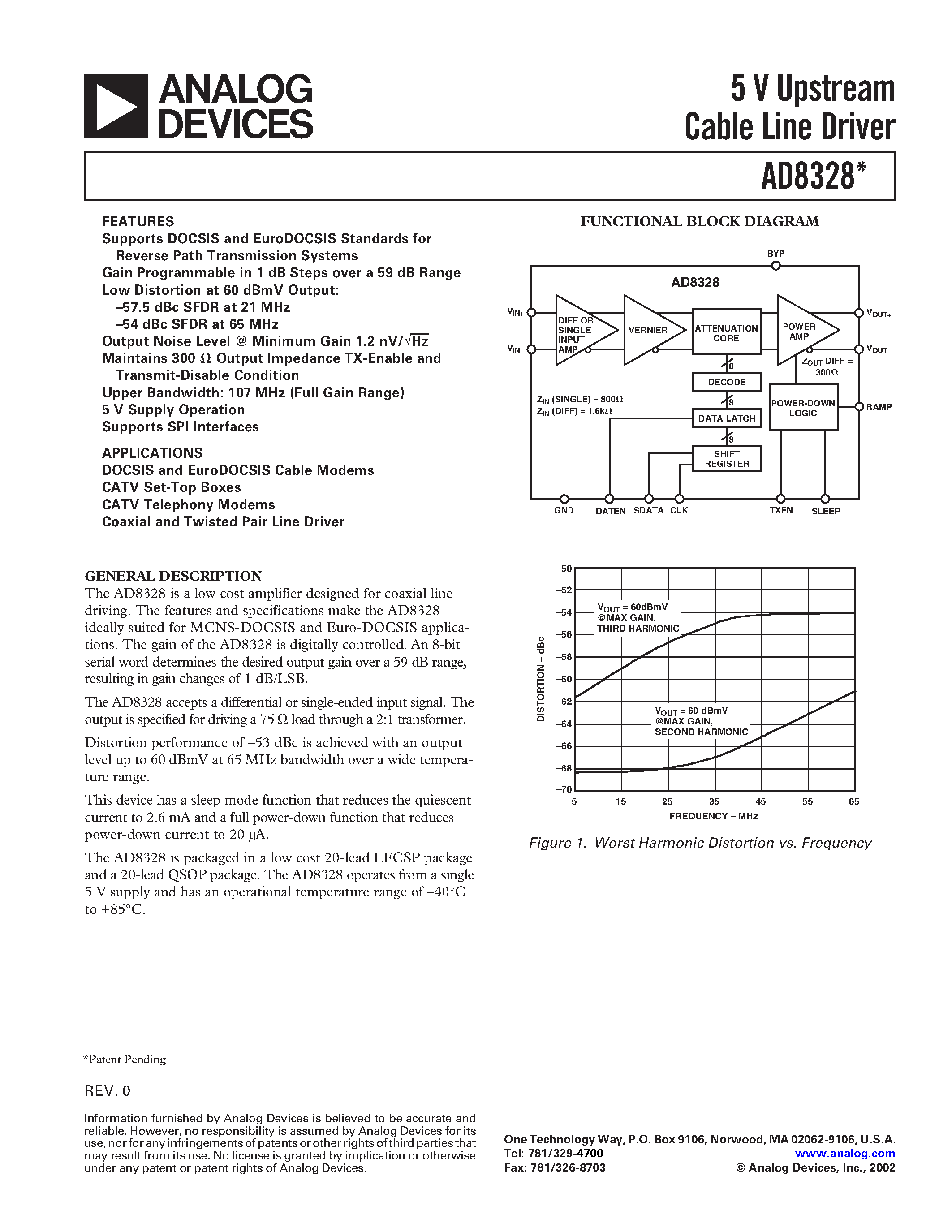 Datasheet AD8328ARQ-REEL - 5 V Upstream Cable Line Driver page 1