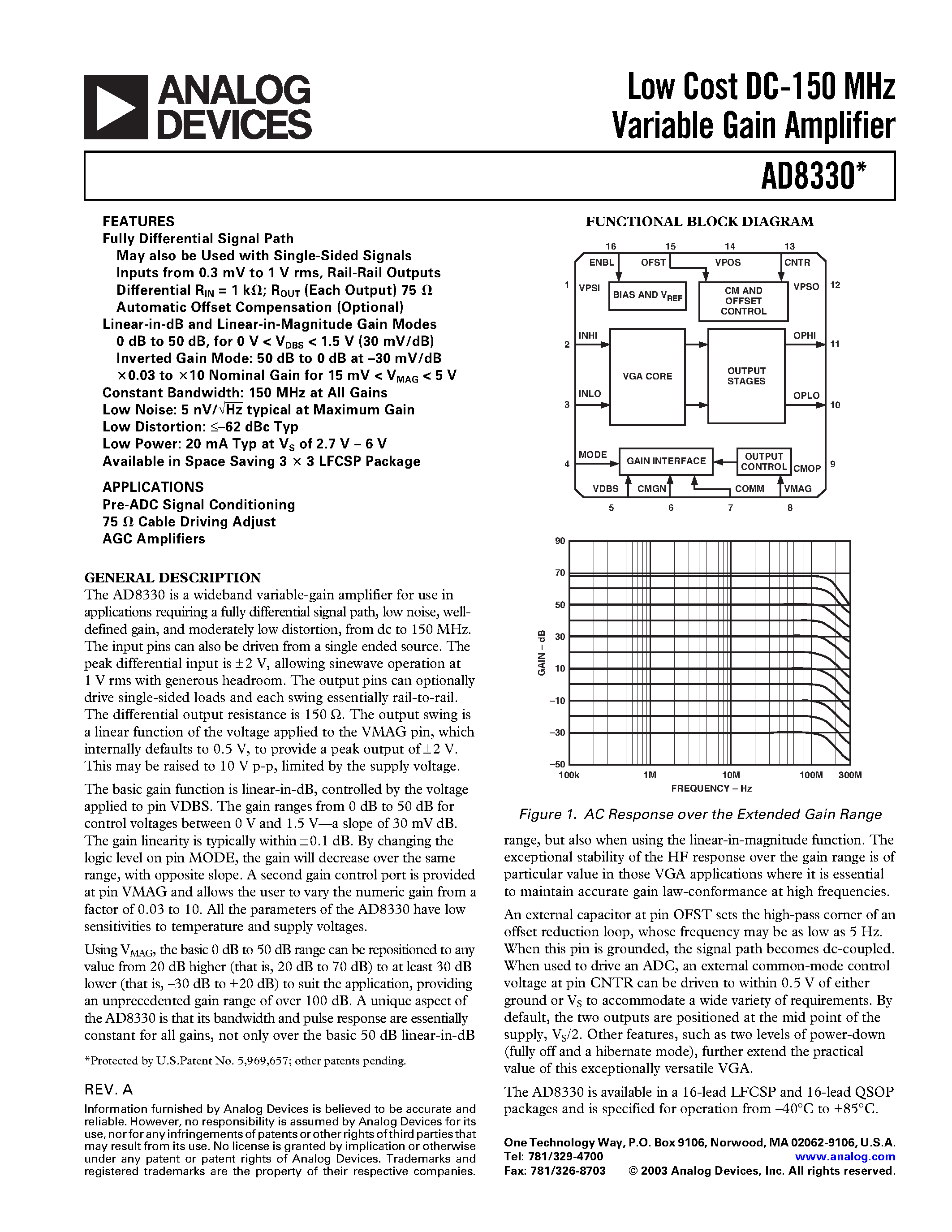 Datasheet AD8330ARQ-REEL - Low Cost DC-150 MHz Variable Gain Amplifier page 1