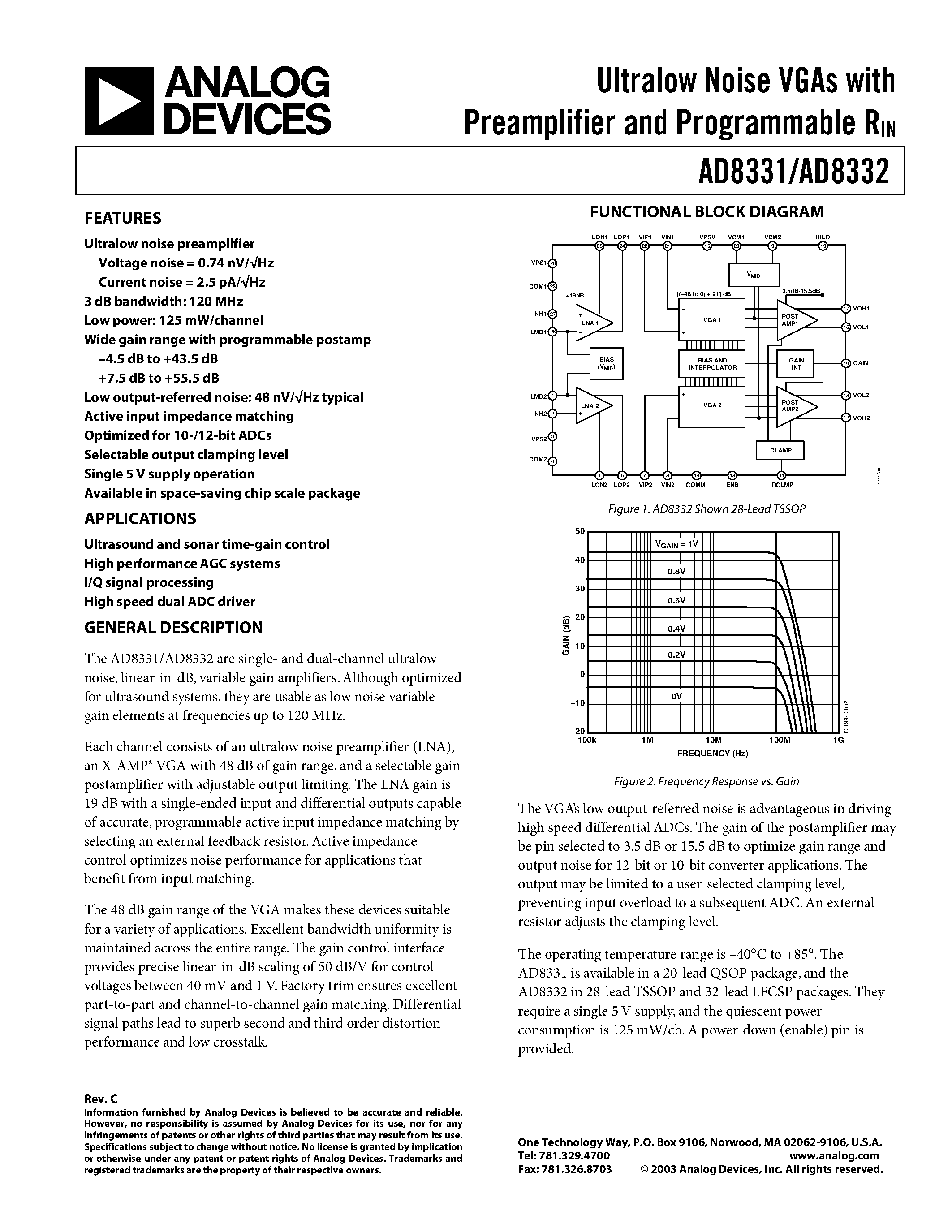 Datasheet AD8331 - Ultralow Noise VGAs with Preamplifier and Programmable RIN page 1