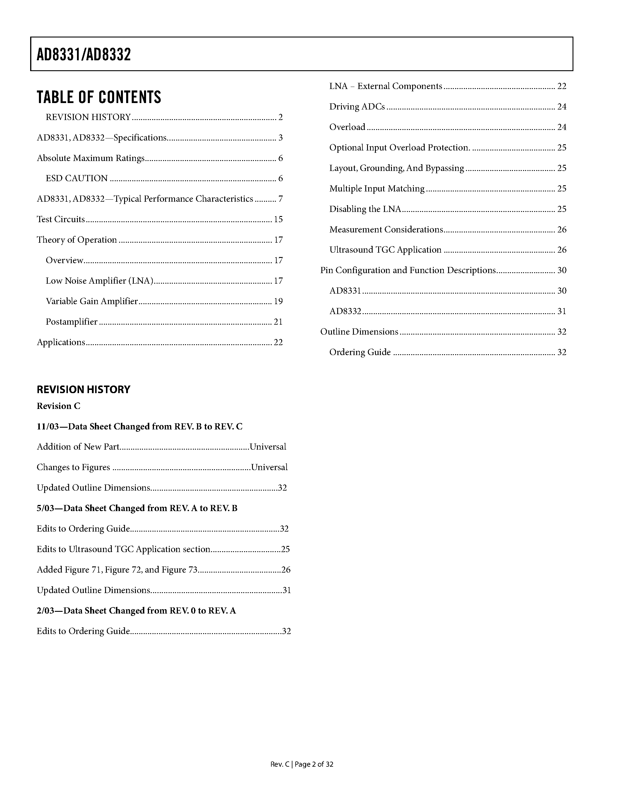 Datasheet AD8332-EVAL - Ultralow Noise VGAs with Preamplifier and Programmable RIN page 2