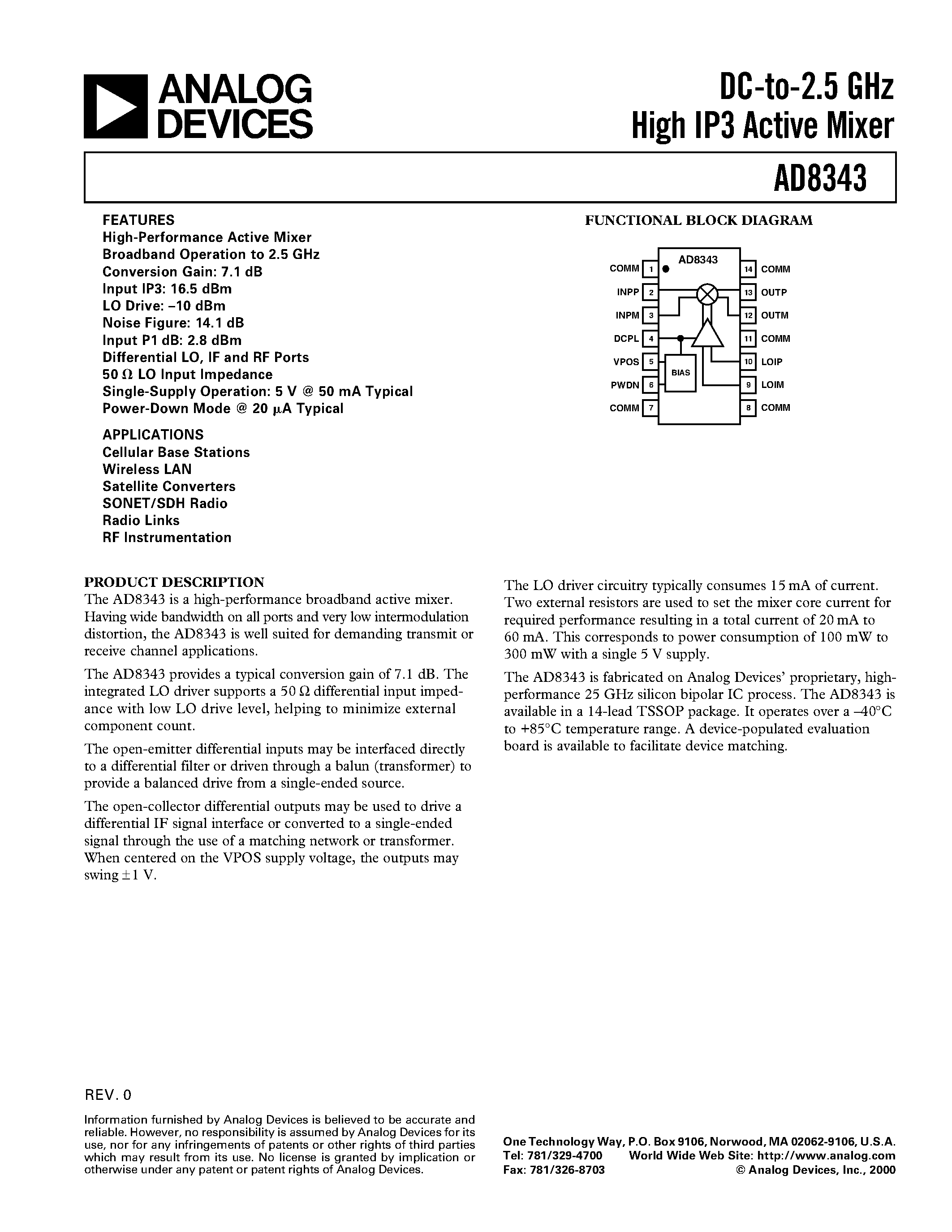 Даташит AD8343 - DC-to-2.5 GHz High IP3 Active Mixer страница 1