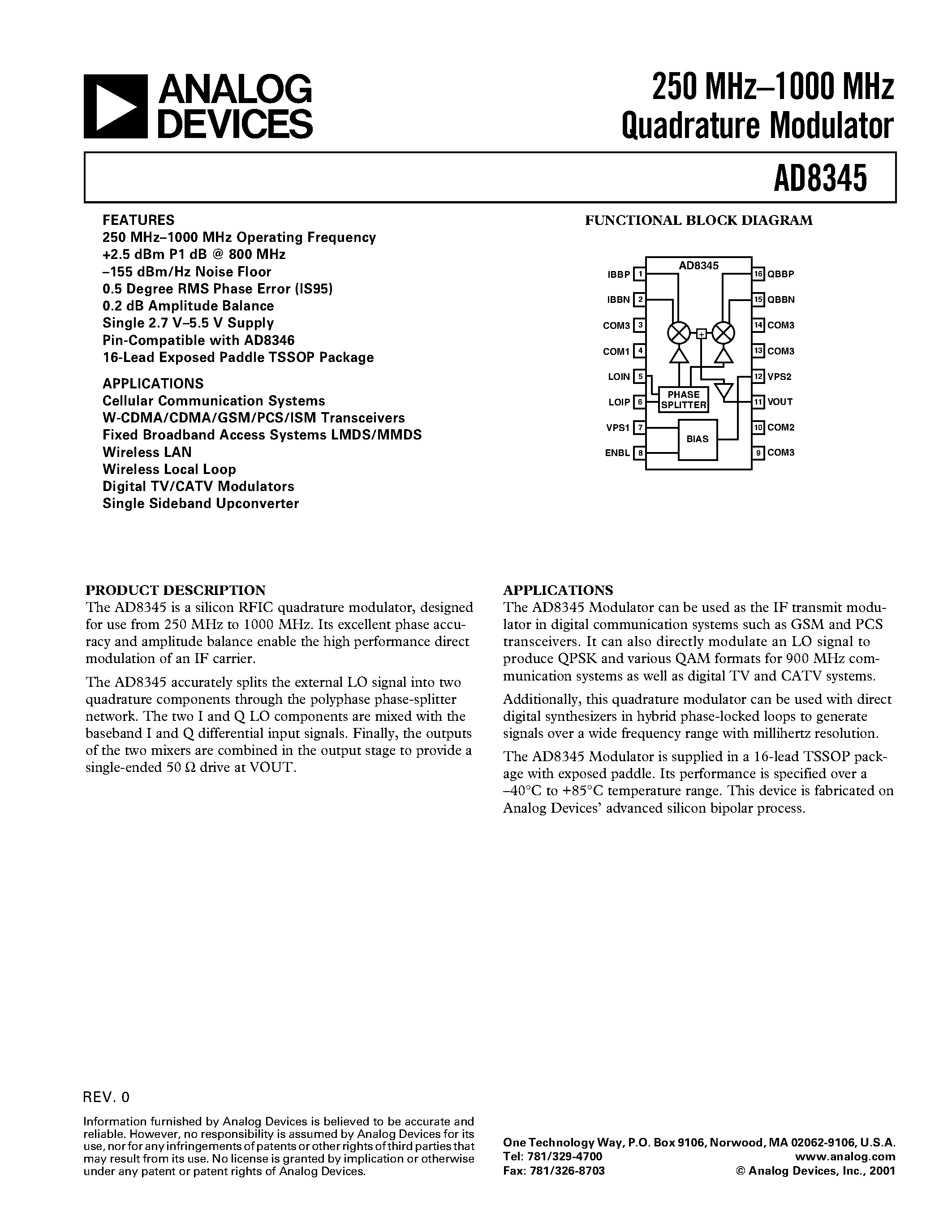 Datasheet AD8345ARE-REEL7 - 250 MHz.1000 MHz Quadrature Modulator page 1