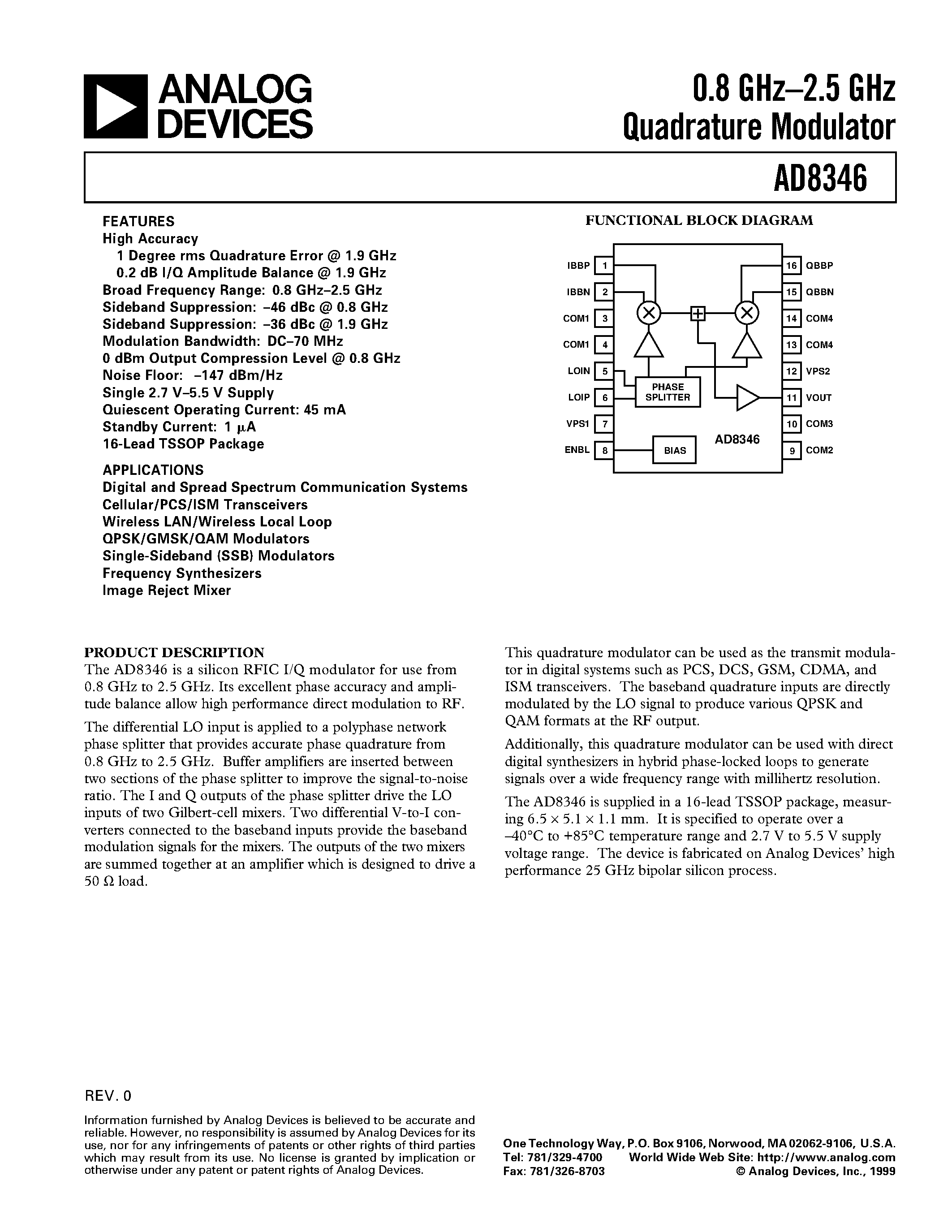 Datasheet AD8346ARU-REEL - 0.8 GHz-2.5 GHz Quadrature Modulator page 1