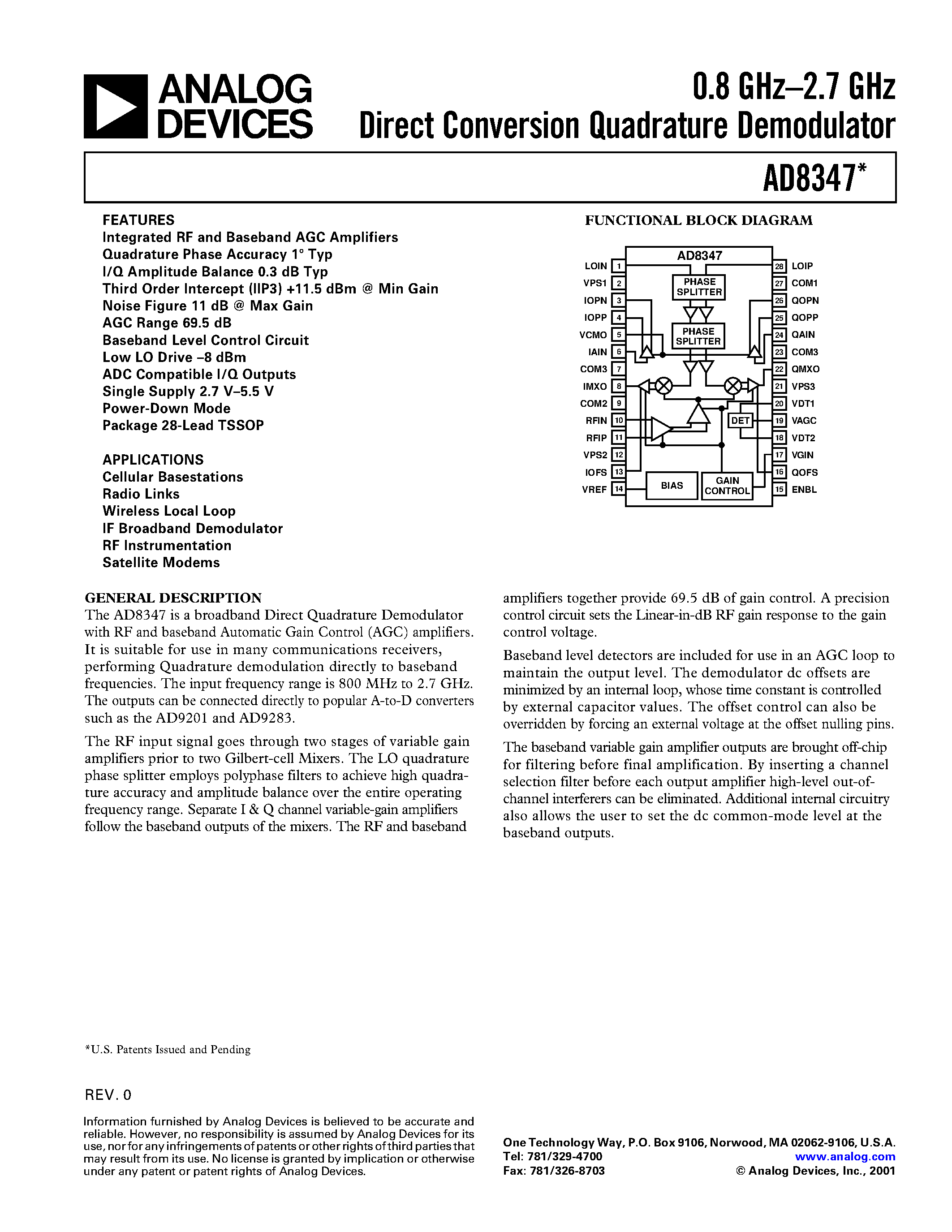 Datasheet AD8347-EVAL page 1 Datasheet AD8347-EVAL - 0.8 GHz-2.7 GHz Direct Conversion Quadrature Demodulator page 1