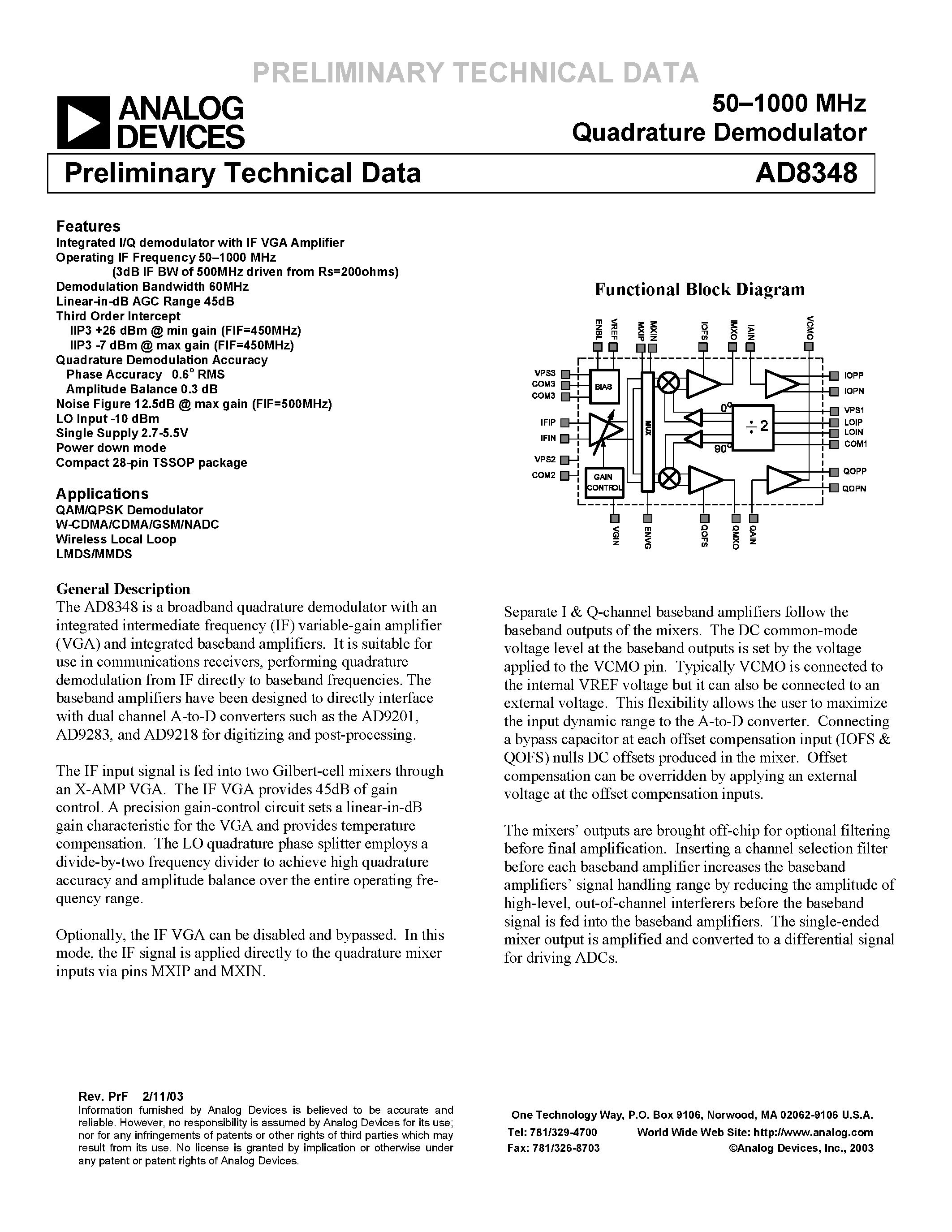 Datasheet AD8348-EVAL page 1 Datasheet AD8348-EVAL - 50-1000 MHz Quadrature Demodulator page 1