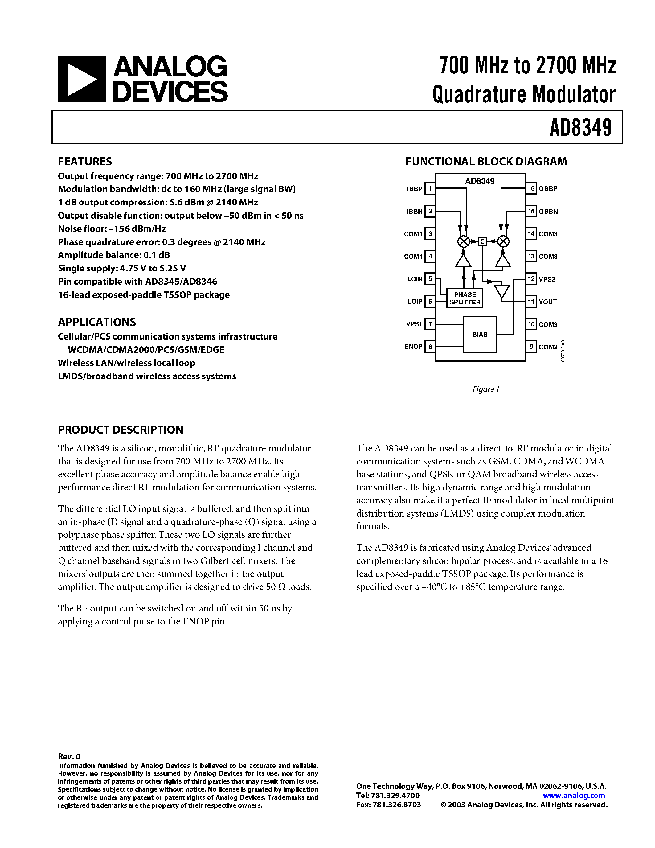Datasheet AD8349 page 1 Datasheet AD8349 - 700 MHz to 2700 MHz Quadrature Modulator page 1