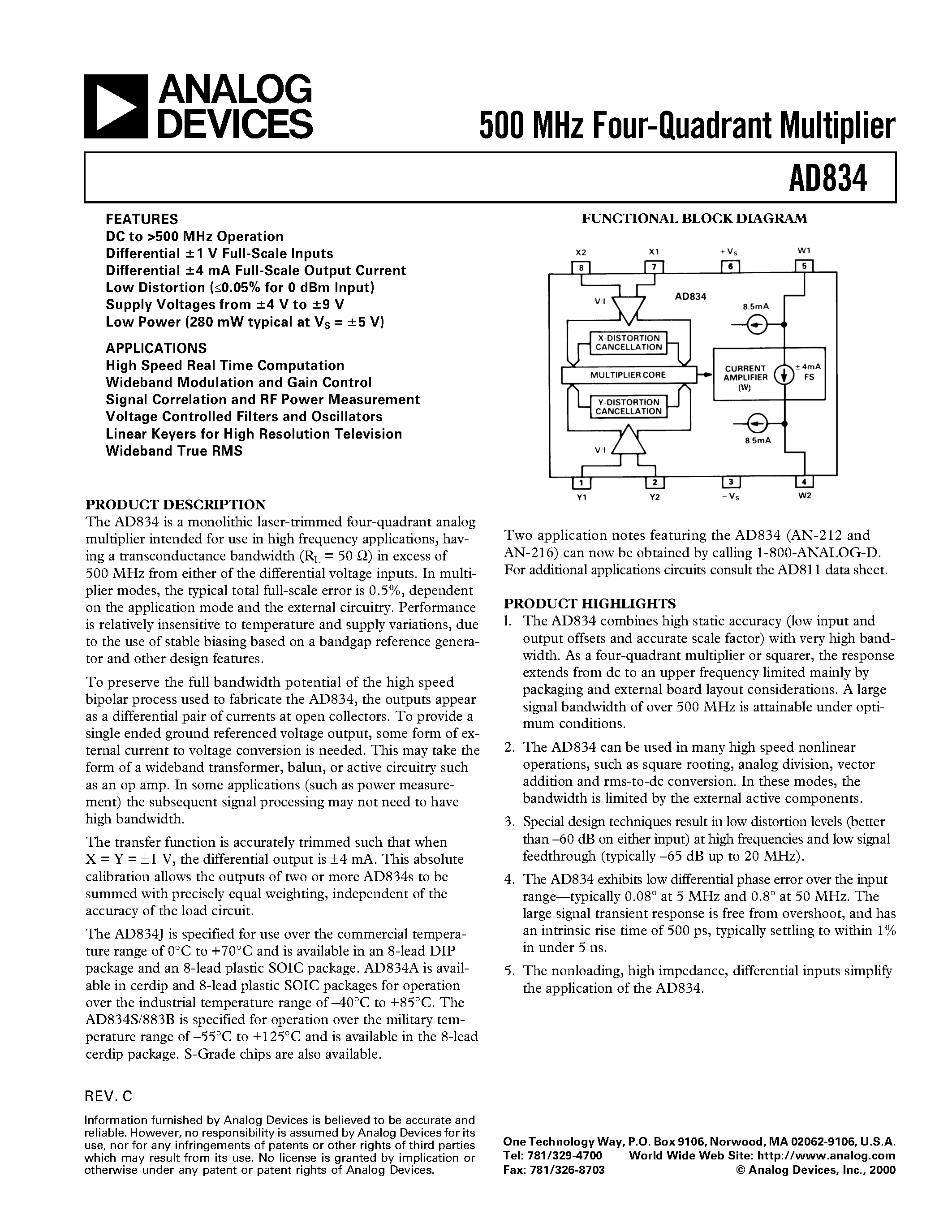 Datasheet AD834JR page 1 Datasheet AD834JR - 500 MHz Four-Quadrant Multiplier page 1