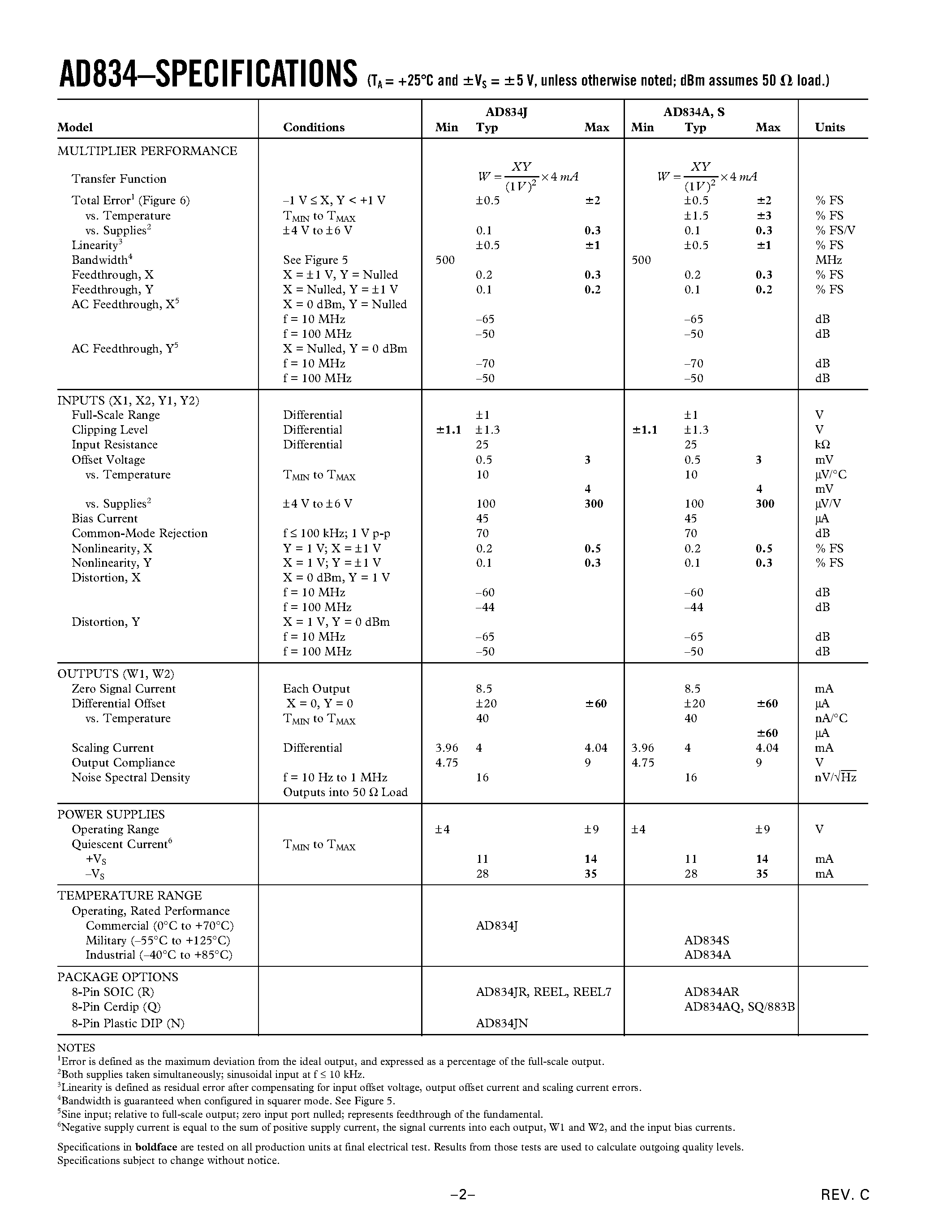 Datasheet AD834SQ/883B - 500 MHz Four-Quadrant Multiplier page 2