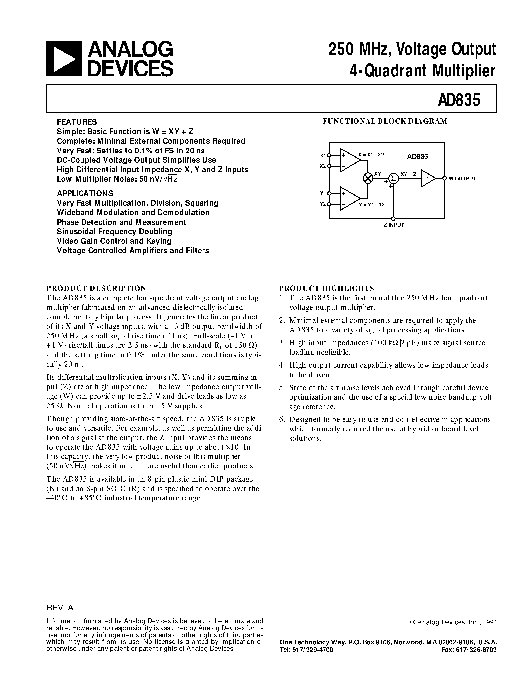 Datasheet AD835 - 250 MHz/ Voltage Output 4-Quadrant Multiplier page 1