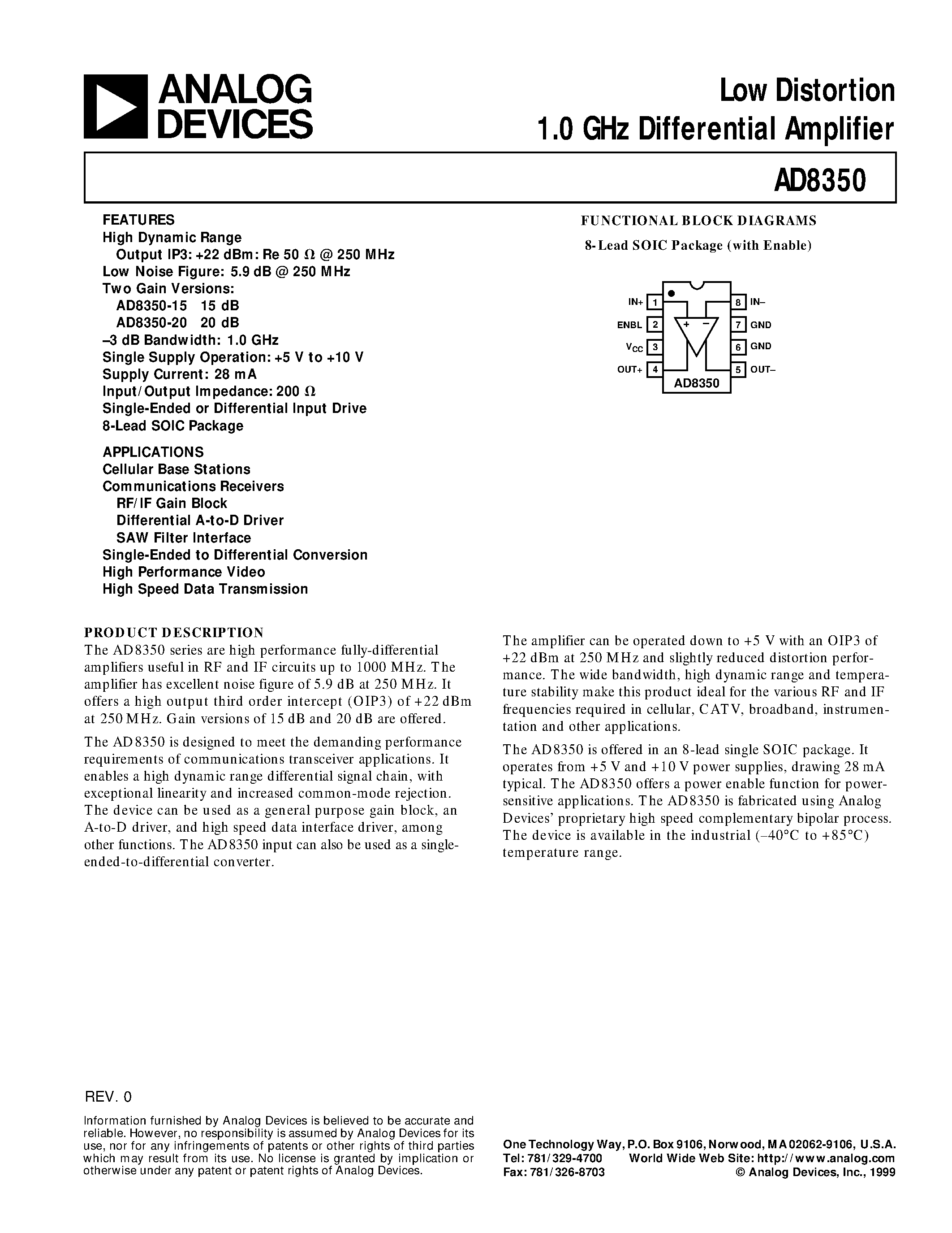 Datasheet AD8350AR20 - Low Distortion 1.0 GHz Differential Amplifier page 1