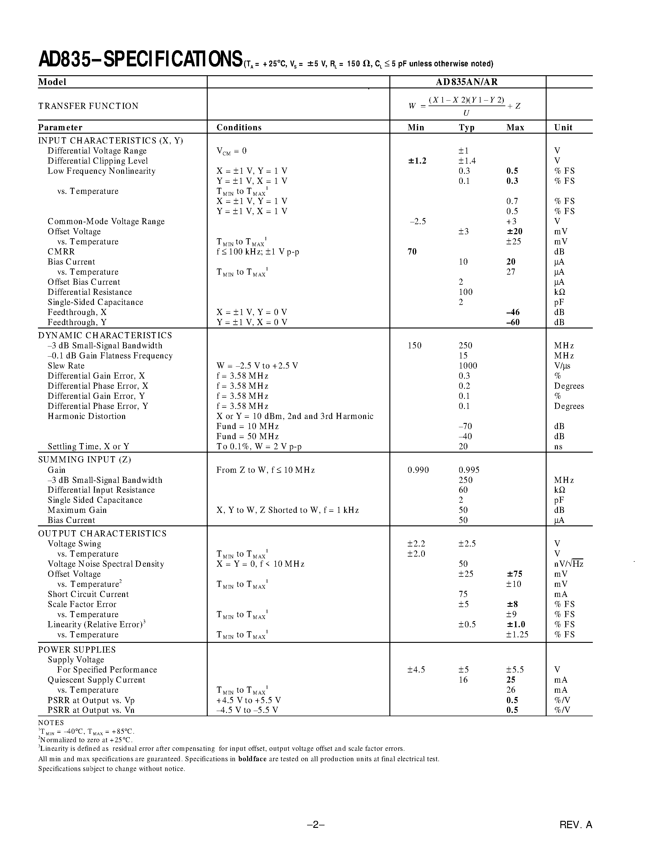 Datasheet AD835AR page 2 Datasheet AD835AR - 250 MHz/ Voltage Output 4-Quadrant Multiplier page 2