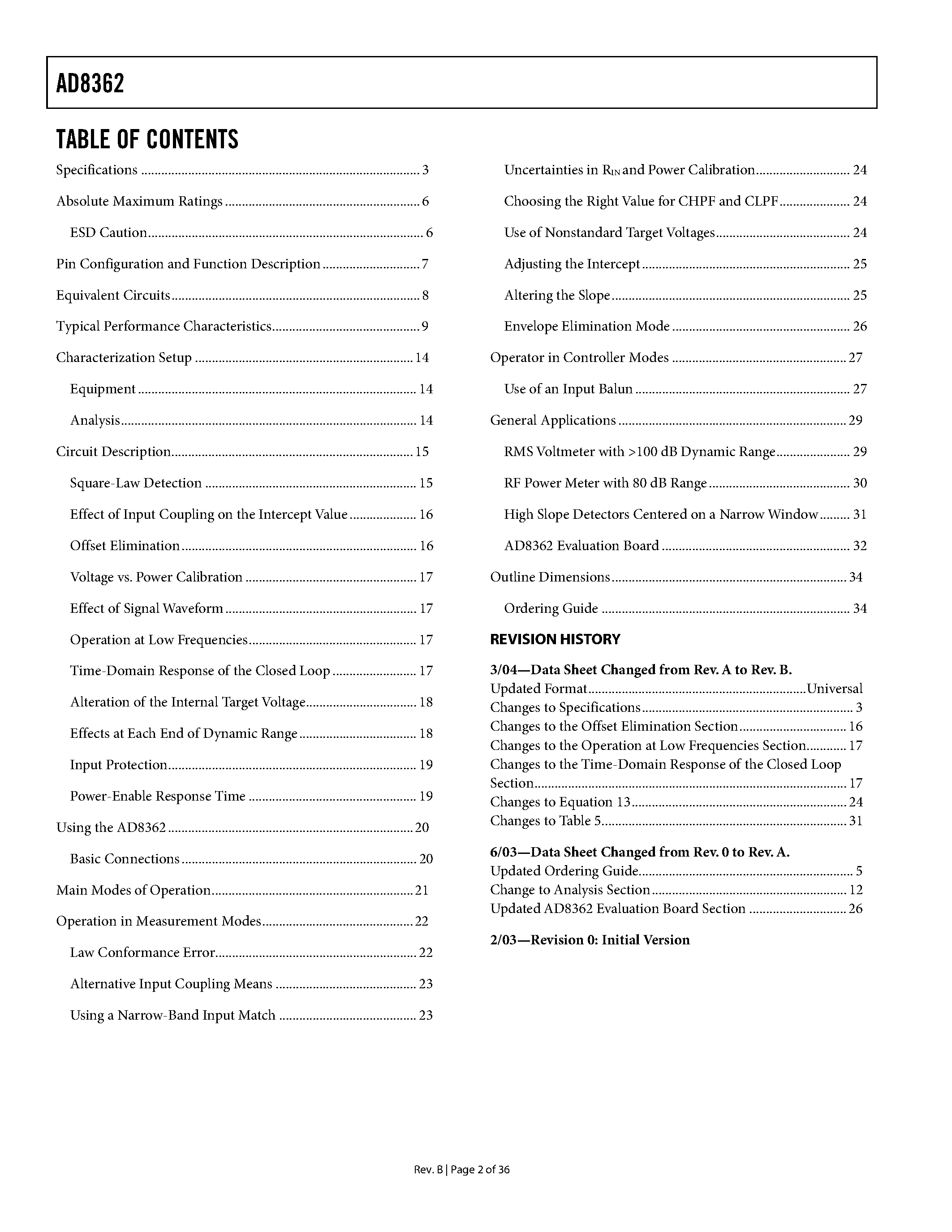 Datasheet AD8362 page 2 Datasheet AD8362 - 50 Hz to 2.7 GHz 60 dB TruPwr Detector page 2