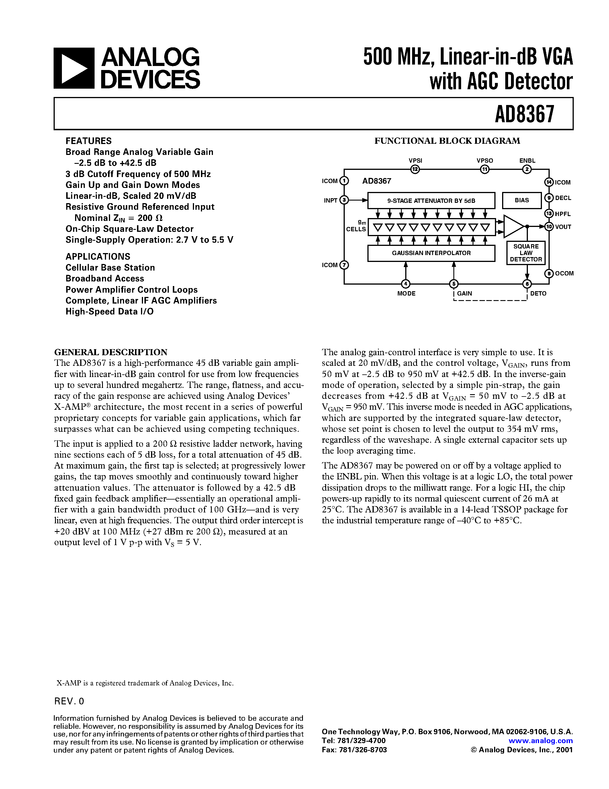 Datasheet AD8367ARU-REEL - 500 MHz/ Linear-in-dB VGA with AGC Detector page 1