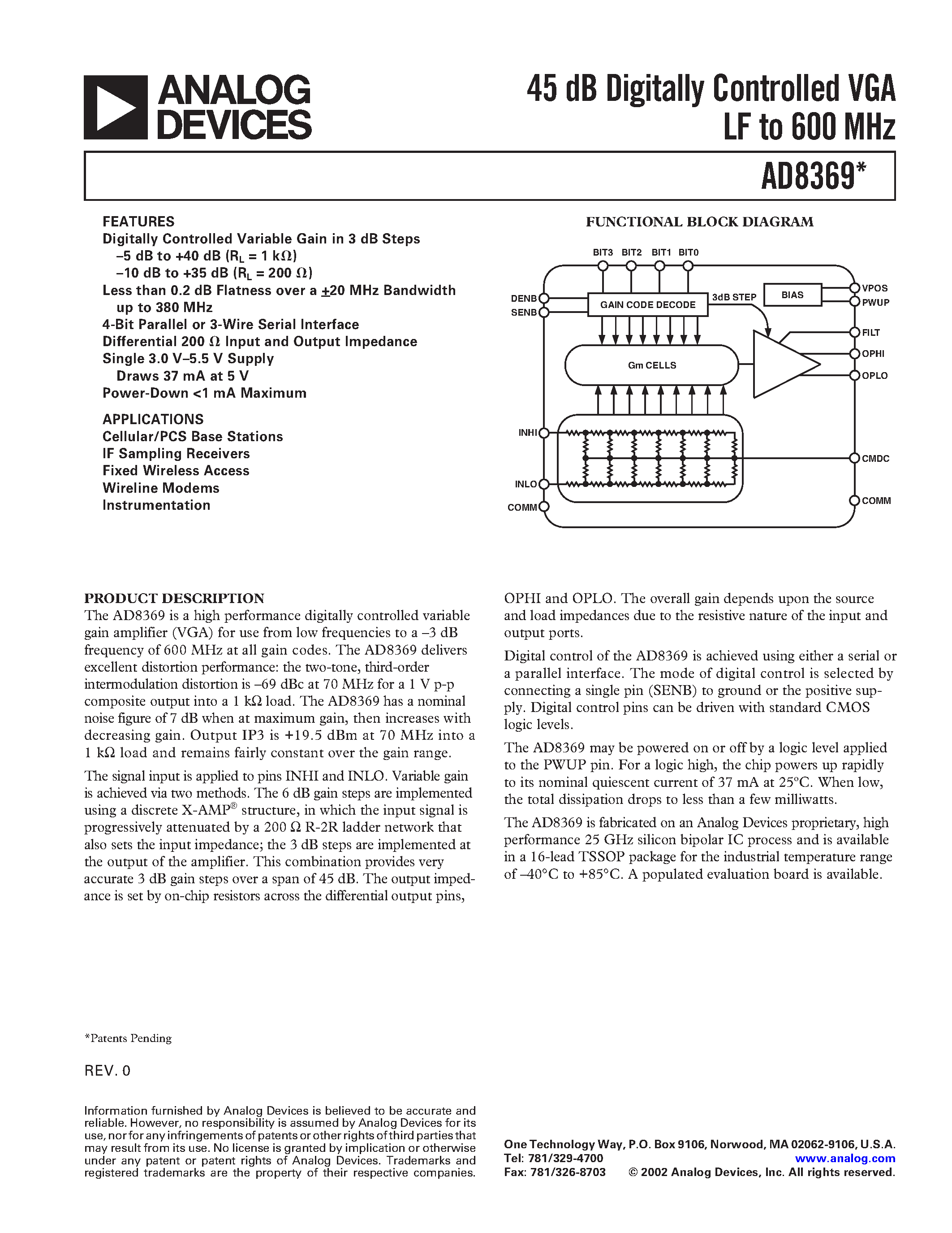Datasheet AD8369ARU - 45 dB Digitally Controlled VGA LF to 600 MHz page 1